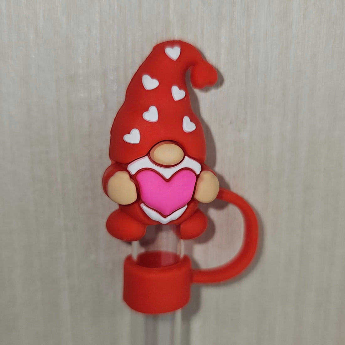 Ruby Hearts Valentine's Day Gnome 3D Silicone Straw Topper Cover Cap