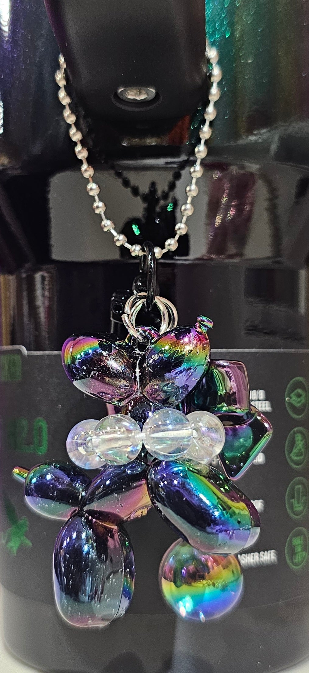 Iridescent Pearlescent Black Chroma Balloon Dog with Ribbon Bow and bead charm pendant. Use to accessorize tumbler straw, tumbler handle, purse, backpack, keychain, or cellphone.