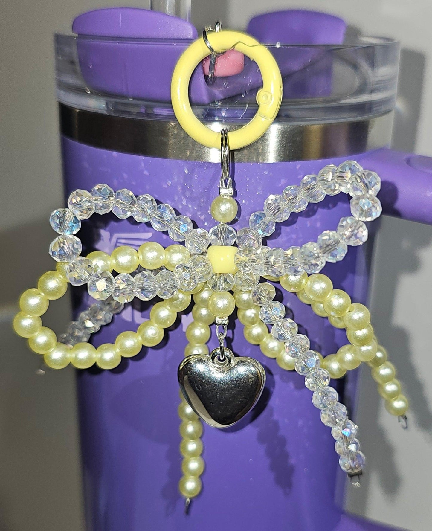 Iridescent Pearlescent Purple and Clear Beaded Ribbon Bow & Heart Charm Pendant - Southern Creative Glamour
