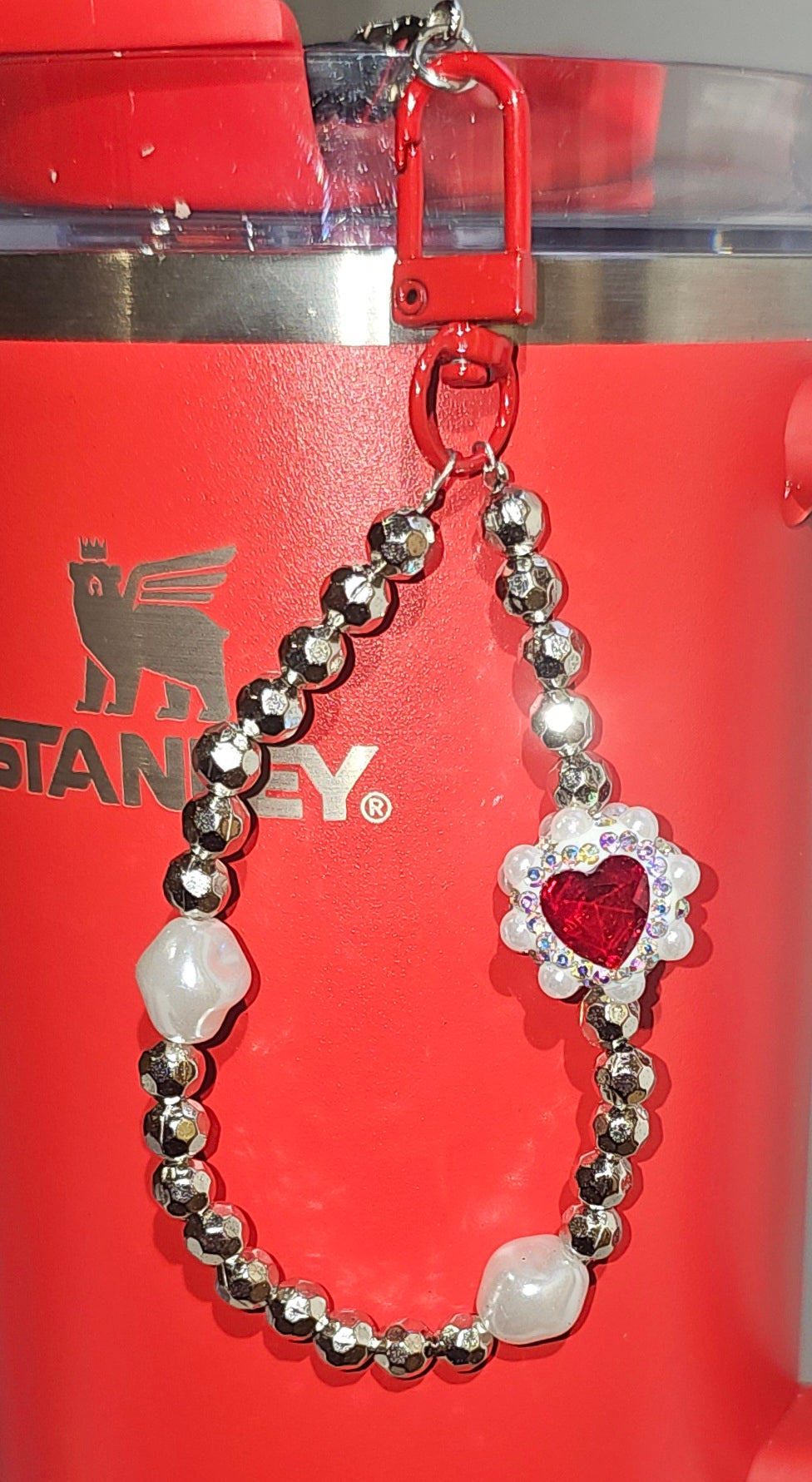 Crystal red and feux pearl heart charm with silver beaded charm bracelet