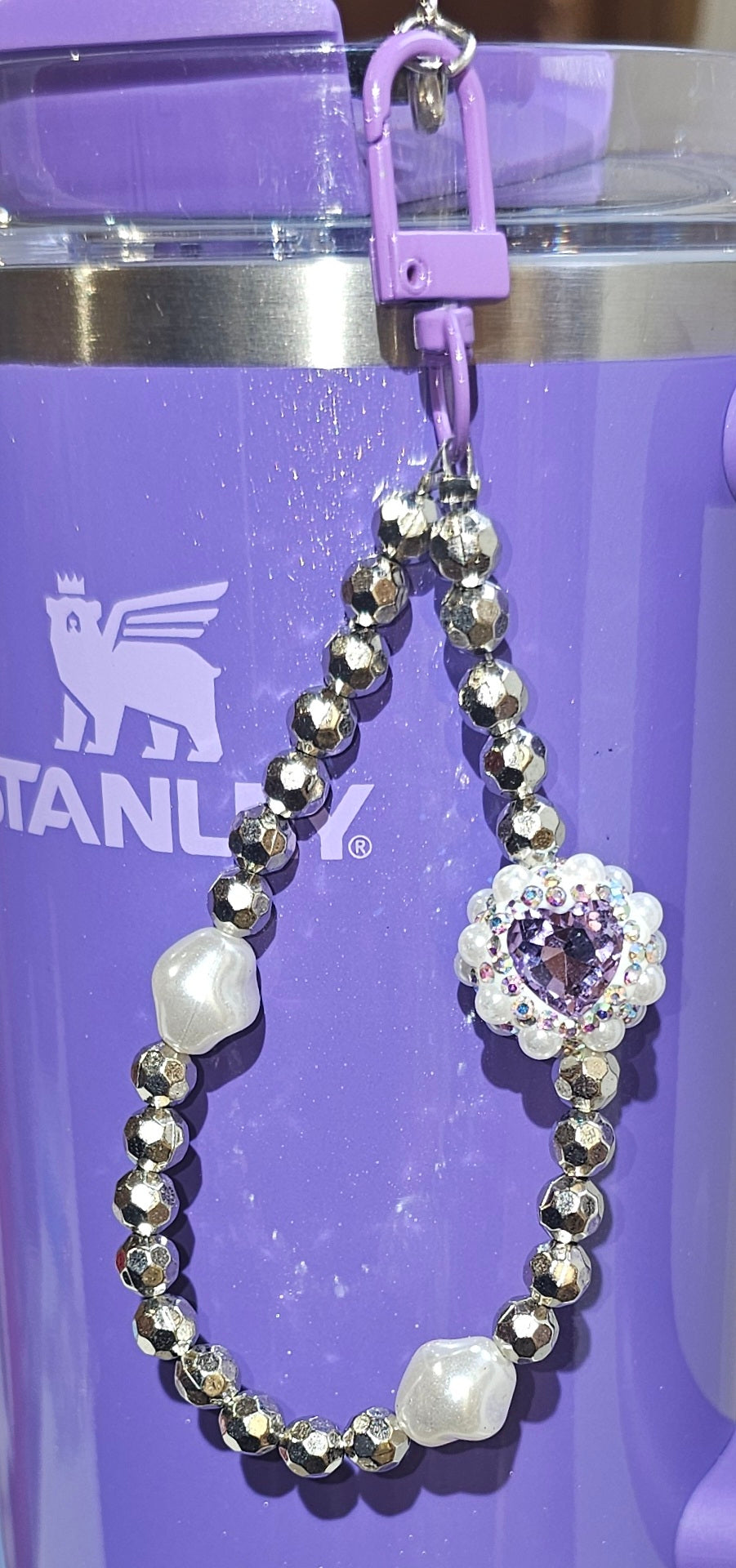 Crystal purple and faux pearl heart with silver beaded bracelet charm pendant.