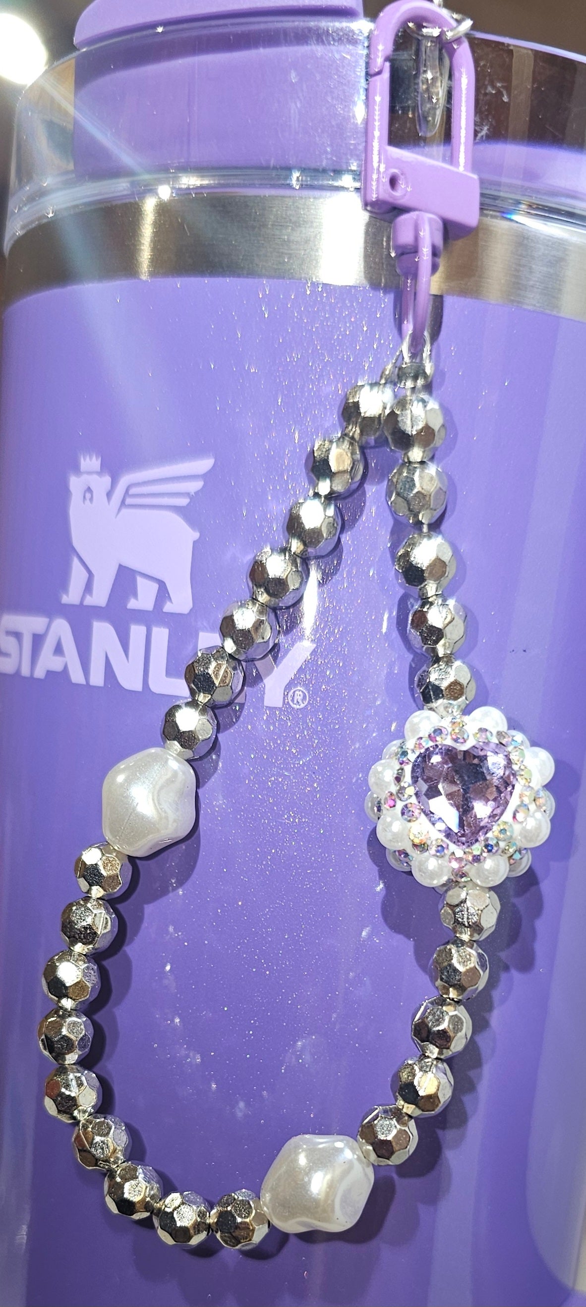 Crystal purple and faux pearl heart with silver beaded bracelet charm pendant.