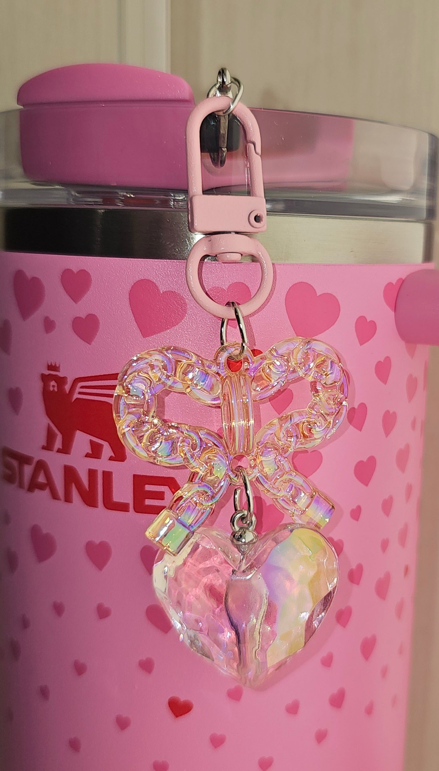 Crystal Sweetheart Pink Coquette Butterfly Ribbon Bow and heart charm pendant for Tumbler straw.