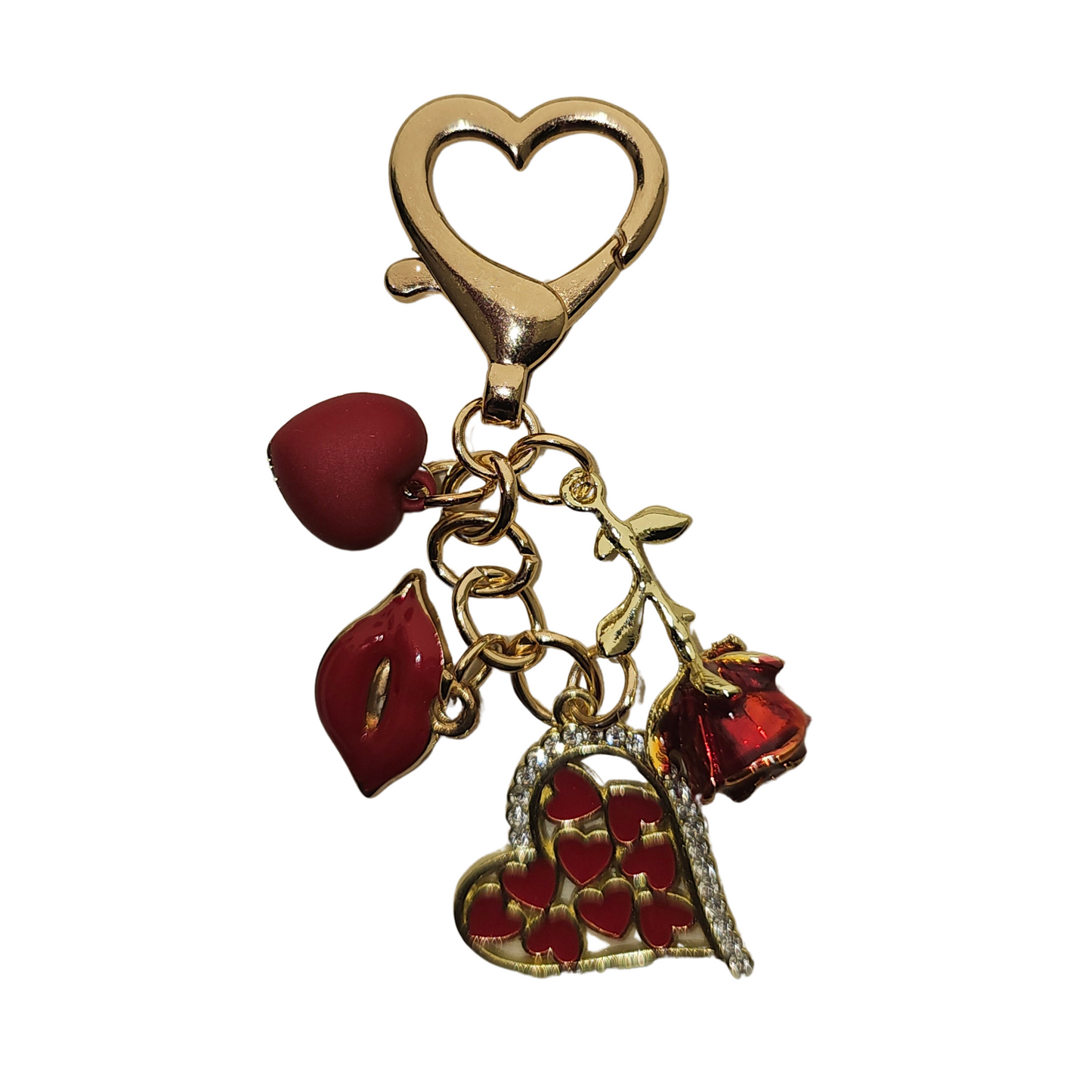 Valentine's Day Charm Pendant with Ruby Red Lips, Ruby Heart, Ruby Red Rose, and Ruby Red Glittery Hold Hearts Charms. Use as a tumbler straw charm, purse charm, bag charm, keychain charm, or backpack charm.