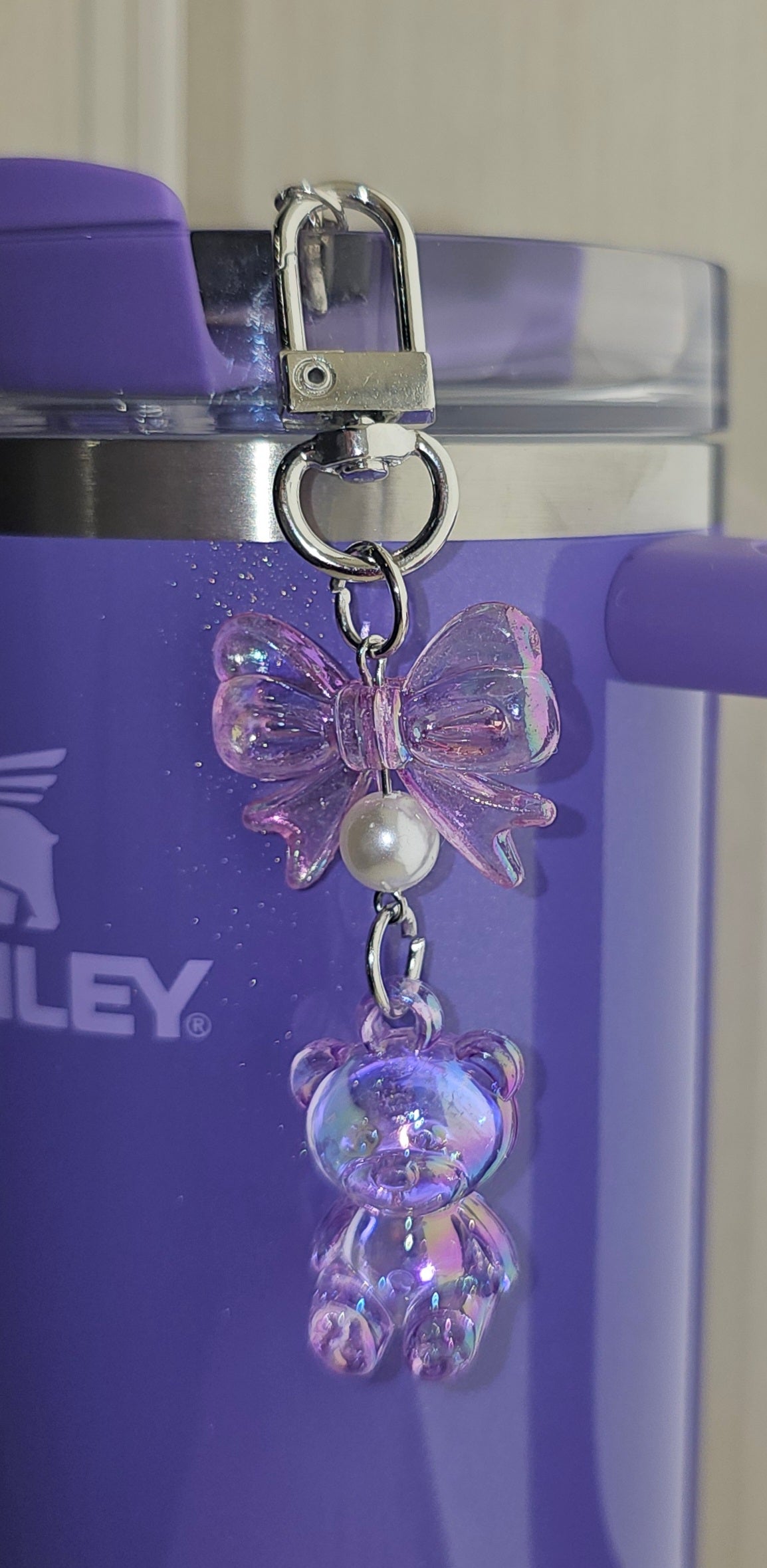 Crystal Lavender Purple Bow, Pearl, & Teddy Bear Charm for Stanley Tumbler Straw, Purse, Backpack.