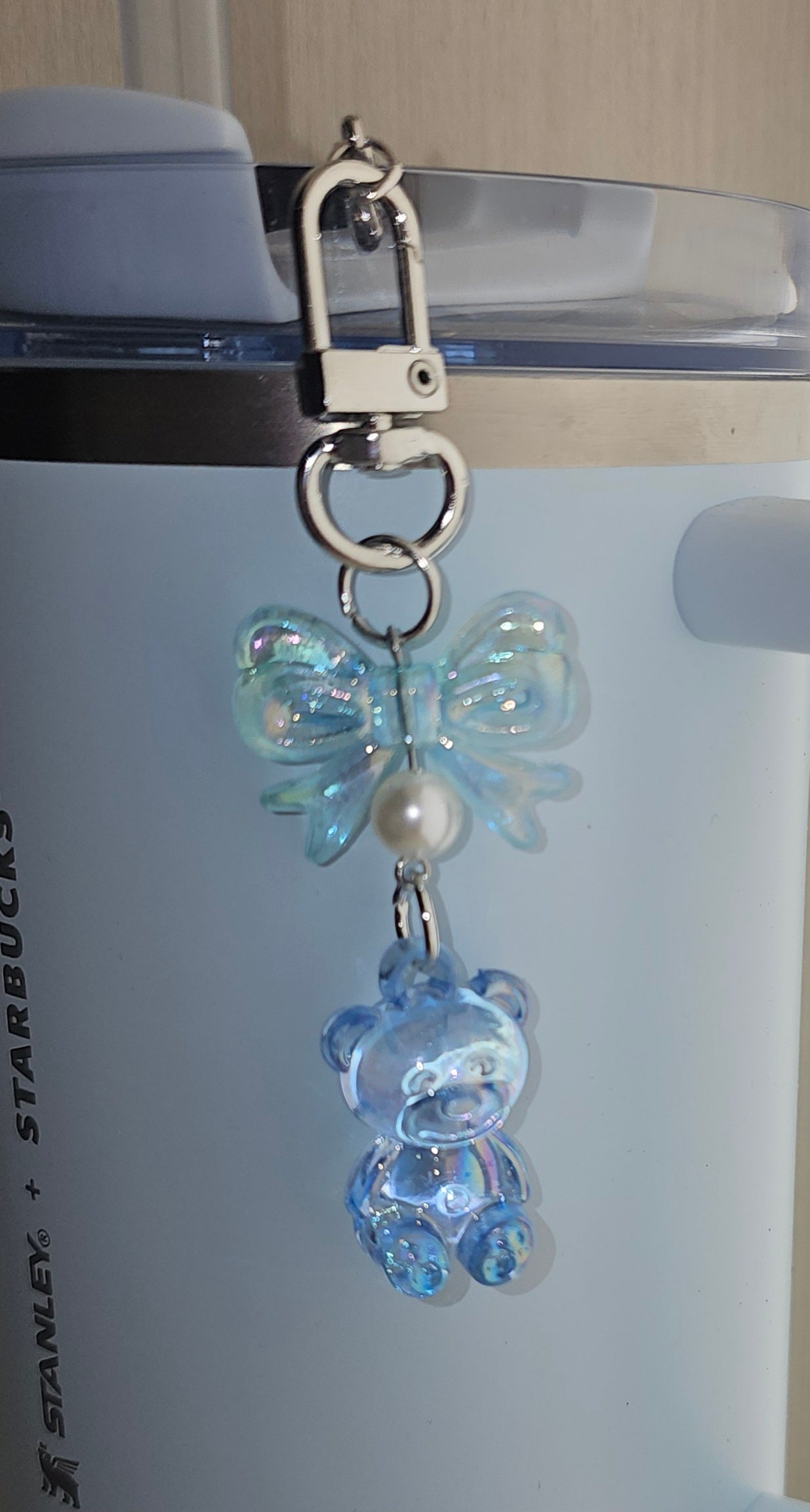 Crystal Blue Bow, Pearl, & Teddy Bear Charm for Stanley Tumbler Straw, Purse, Backpack