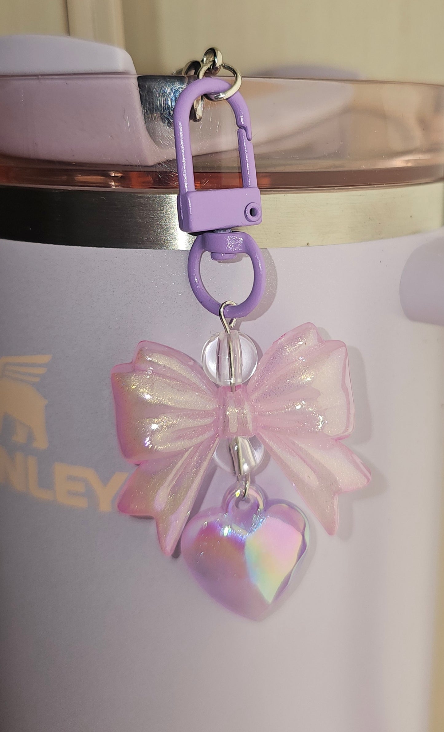 Coquette Ribbon Bow & Heart Charm Pendant - Pink Lavender. Use as a straw charm, purse charm, bag charm, backpack charm, or keychain charm.