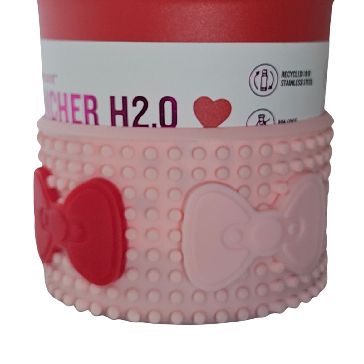 Red and Bloom Pink Bows on Bloom Pink customizable silicone tumbler boot demonstration.
