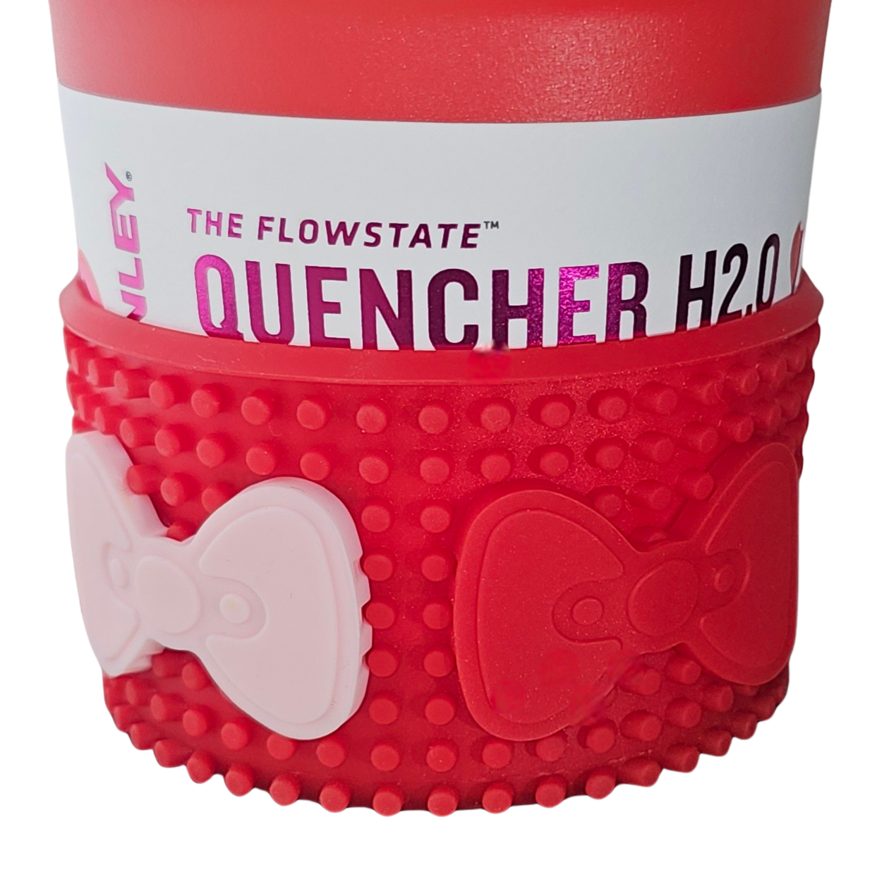 Customizable Bow Silicone Tumbler Boot - Red with Bloom pink and red bow demonstration.