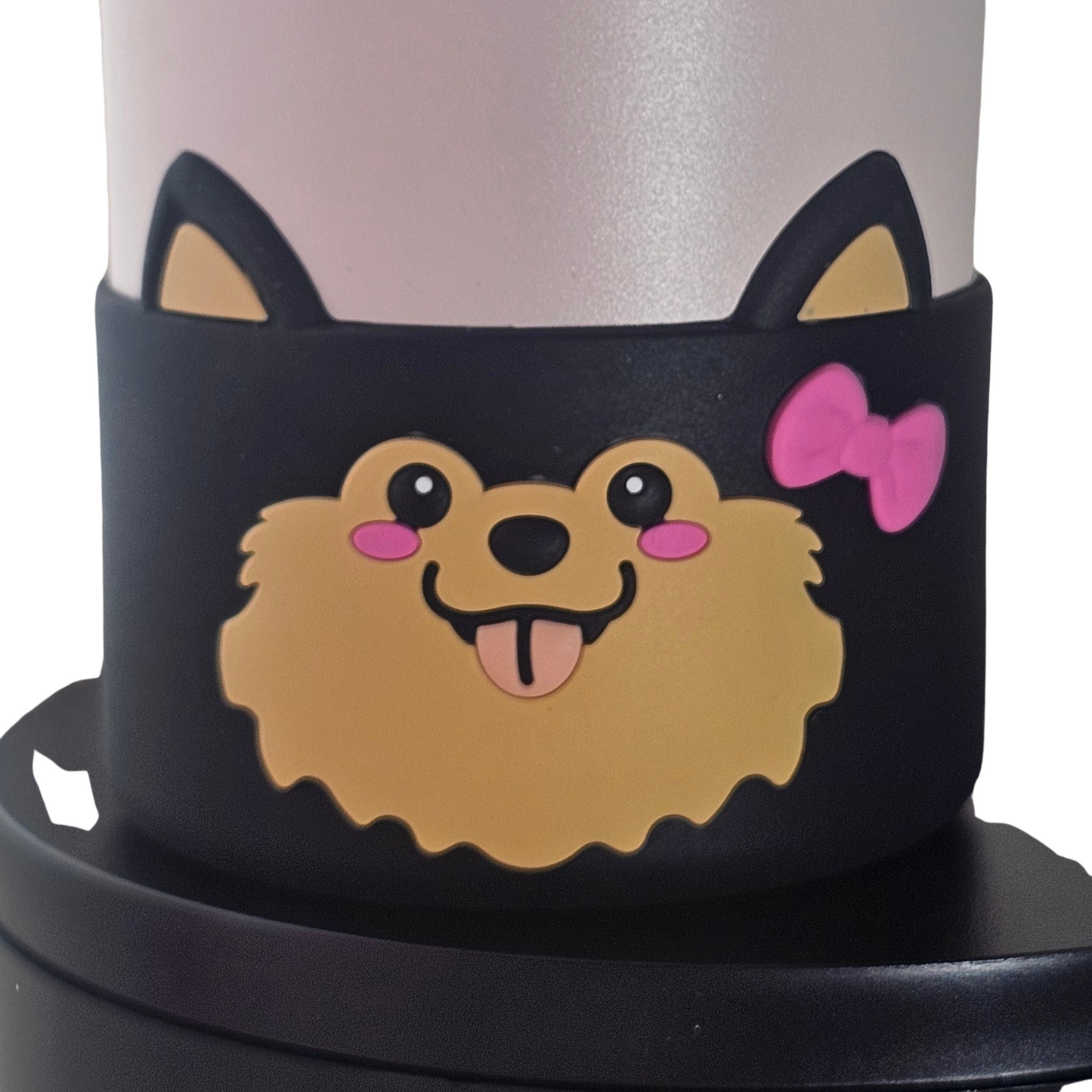 Black Preppy Pup with pink bow silicone tumbler boot. Fits 32oz - 40oz tumblers.