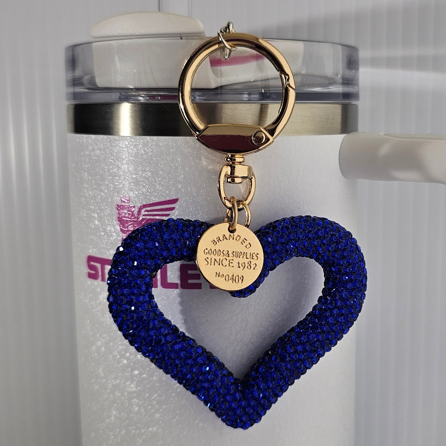 Royal Blue Glitter heart charm with gold swivel keyring tumbler straw charm.