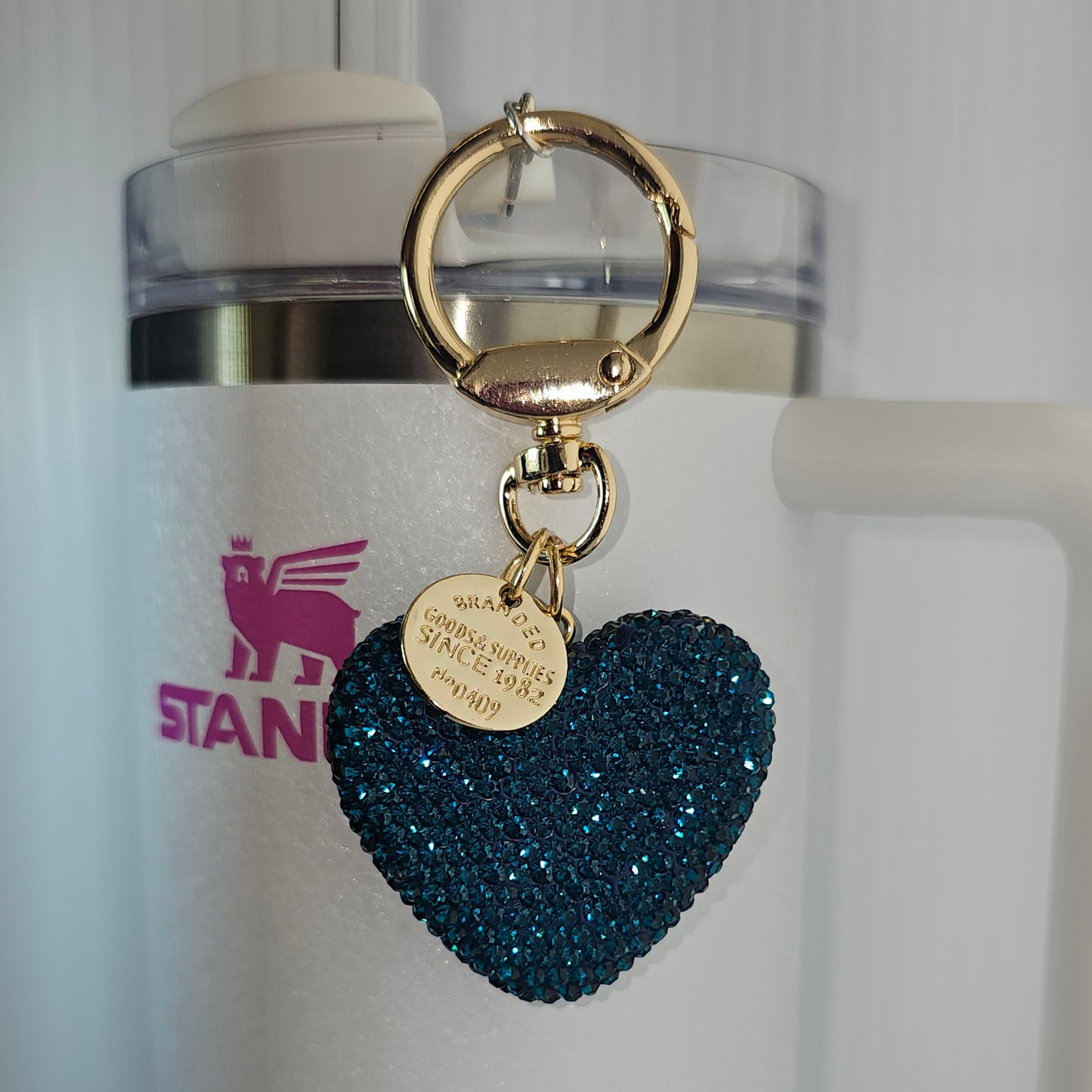 Teal Green Glitter solid Heart with gold swivel keyring tumbler straw charm.