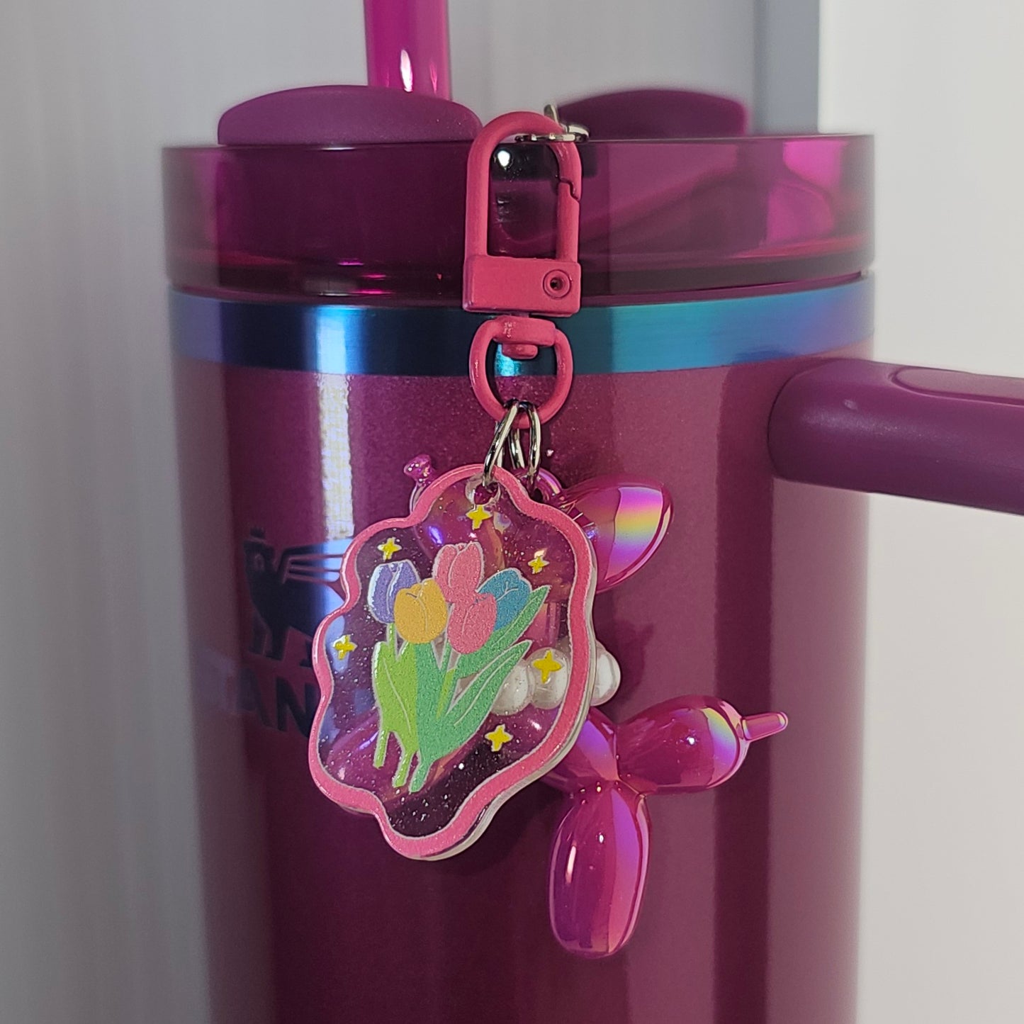 Iridescent Pearlescent Berry Truffle Pink Balloon Dog w/ Flower Charm For Stanley Tumbler Straw
