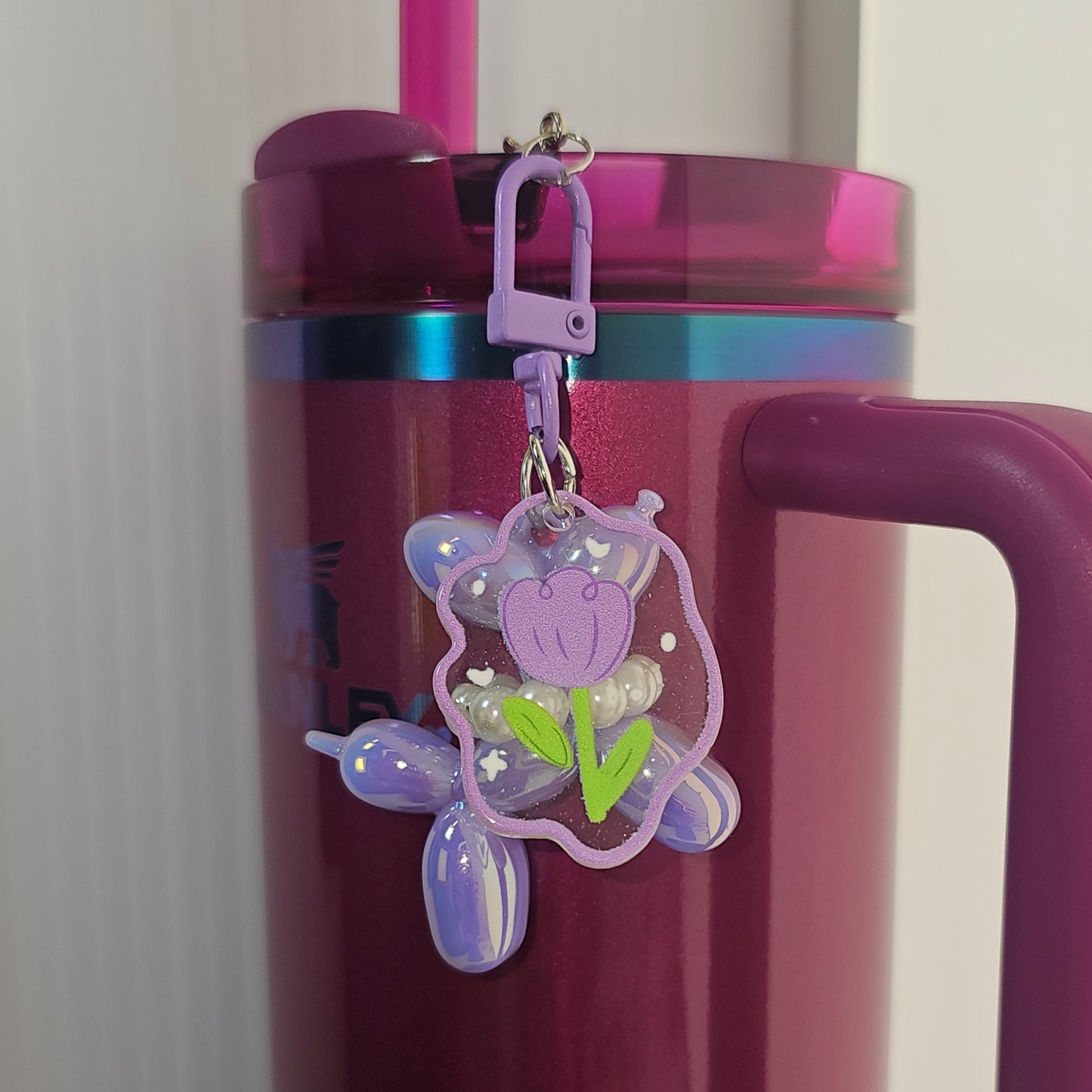 Iridescent Pearlescent Purple Balloon Dog w/ Flower Charm For Stanley Tumbler Straw