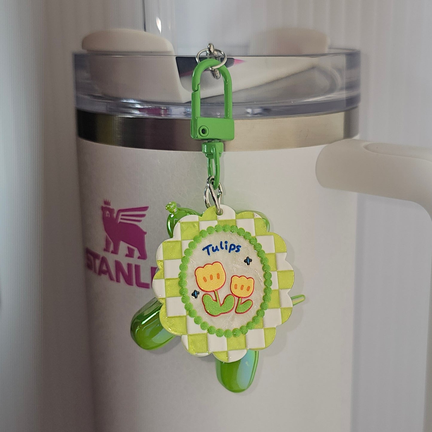 Iridescent Pearlescent Green Balloon Dog w/ Flower Charm For Stanley Tumbler Straw