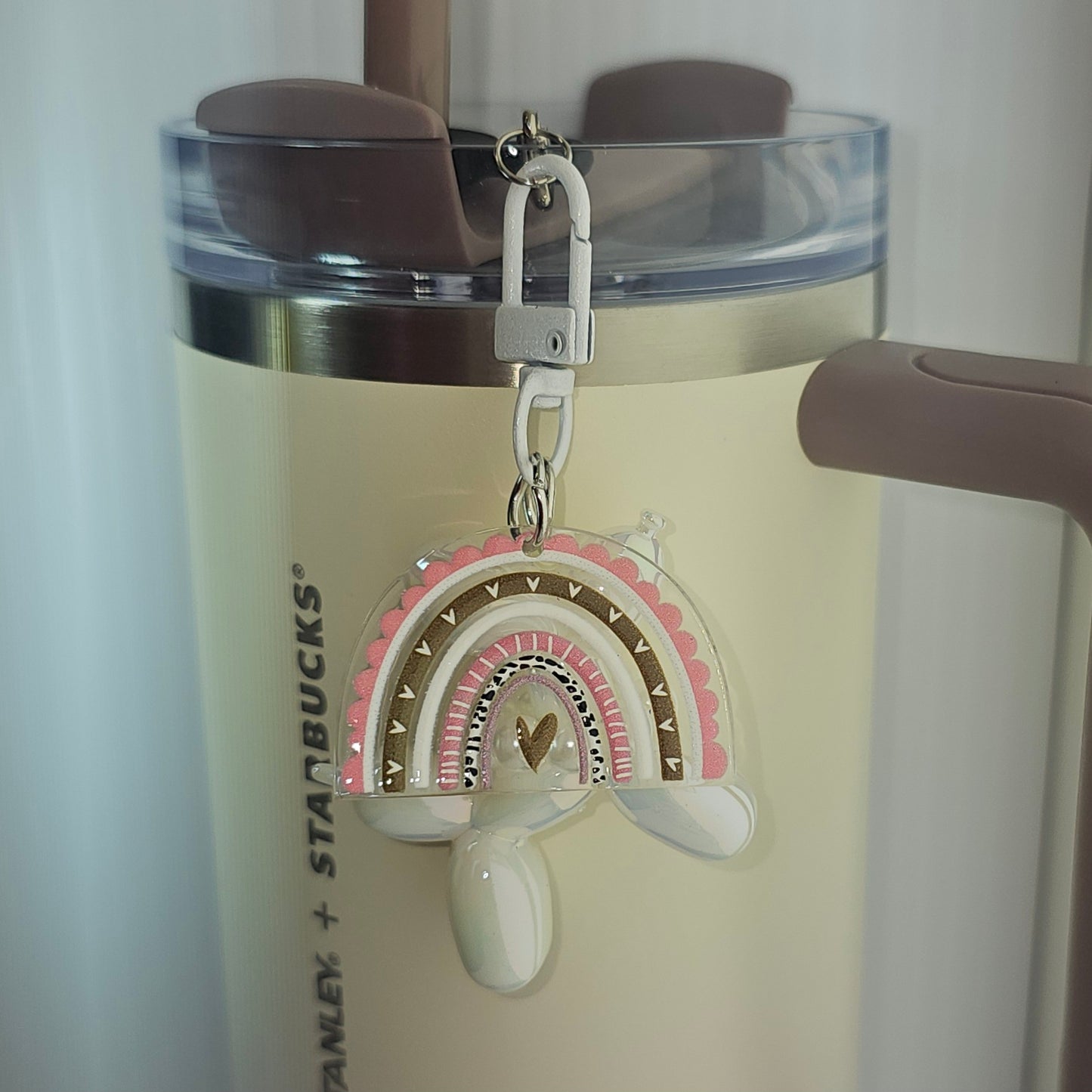 Iridescent Pearlescent Pearl white Balloon Dog w/ Rainbow Charm For Stanley Tumbler Straw charm. Rainbow is pink and brown.