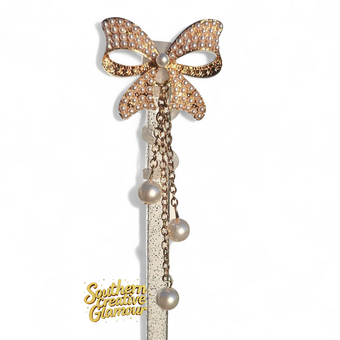 Deluxe Gold Pearl Coquette Bow 10mm Straw Topper | 10mm Straw Cover by Southern Creative Glamour