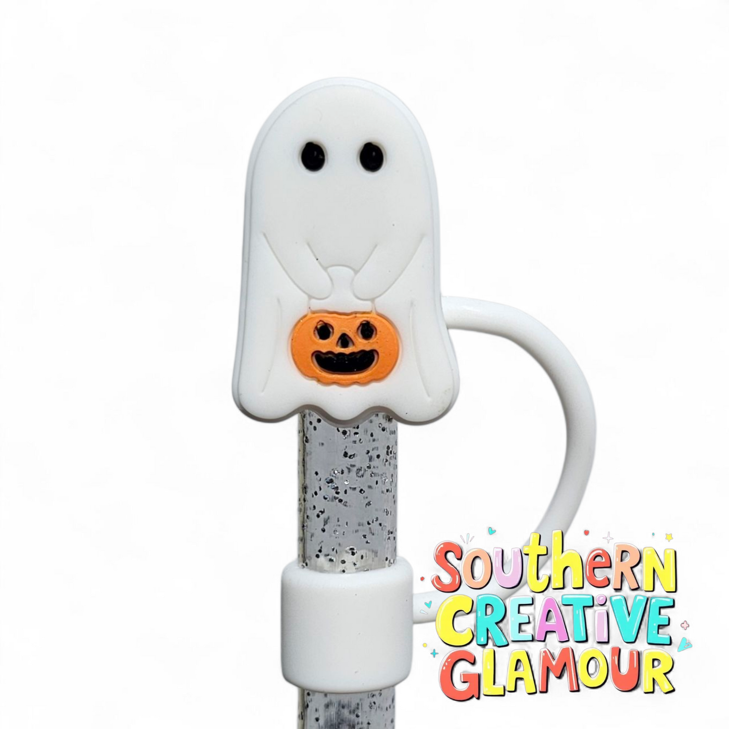 Trick-or-Treat Ghost 10mm Silicone Straw Topper by Southern Creative Glamour