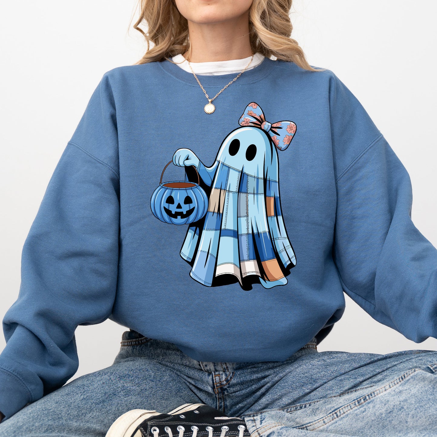 Indigo blue Cute Blue Ghost, Patchwork, Trick or Treat, Witch, Bow, Coquette, Pumpkin, Halloween, Floral, Retro, Spooky, Costume, Fall, Graphic Sweatshirt