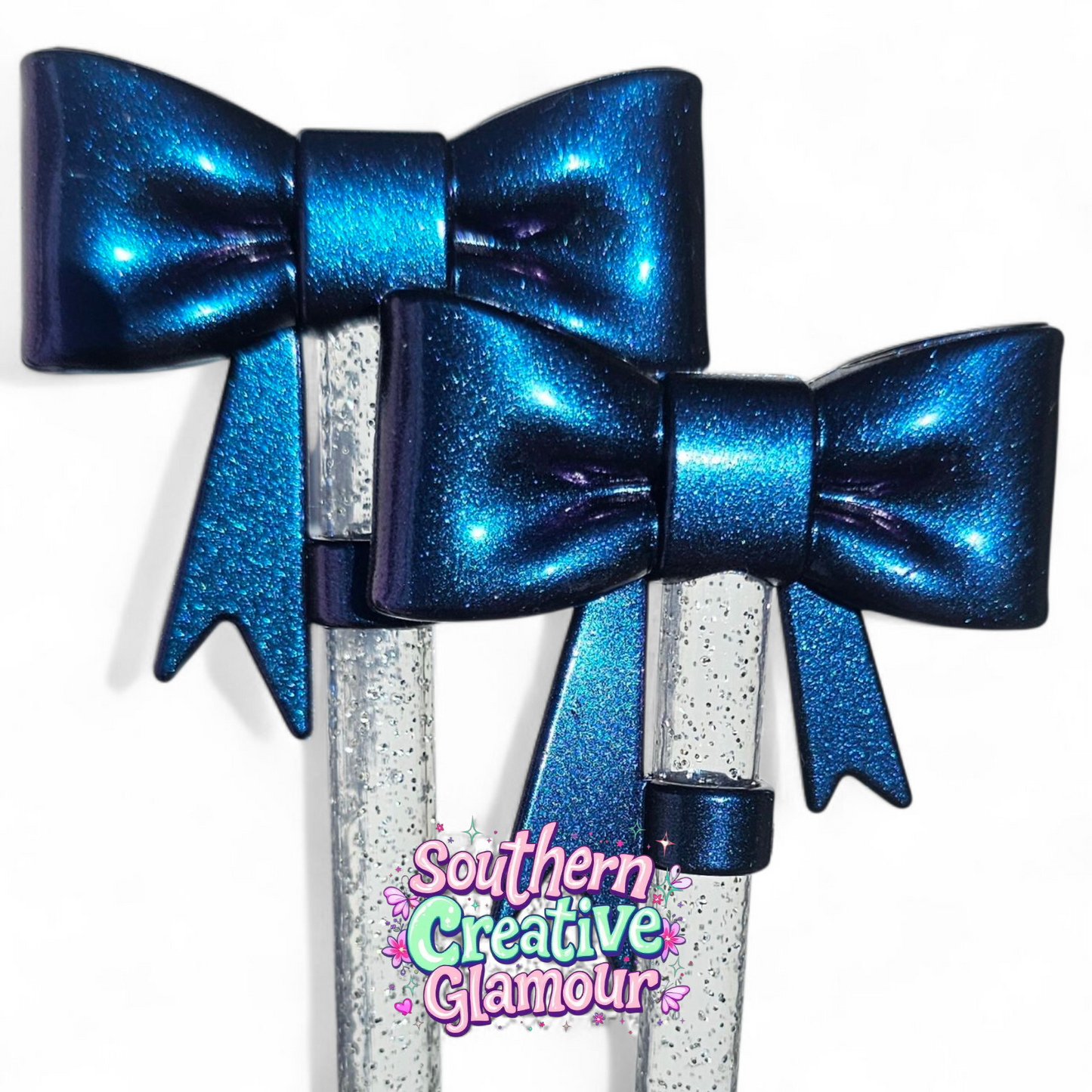 Metallic Blue Shimmer 3D Bow 10mm Silicone Straw Topper by Southern Creative Glamour