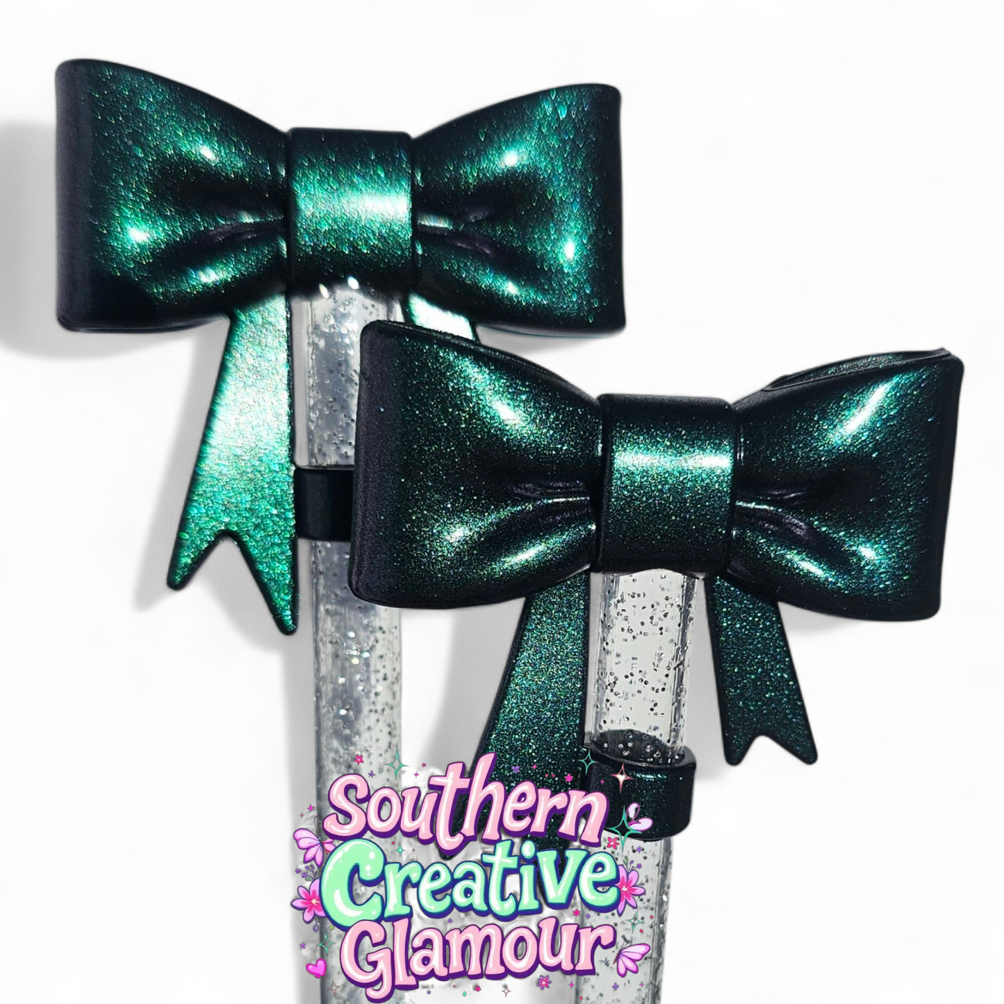 Metallic Green Shimmer 3D Bow 10mm Straw Topper by Southern Creative Glamour