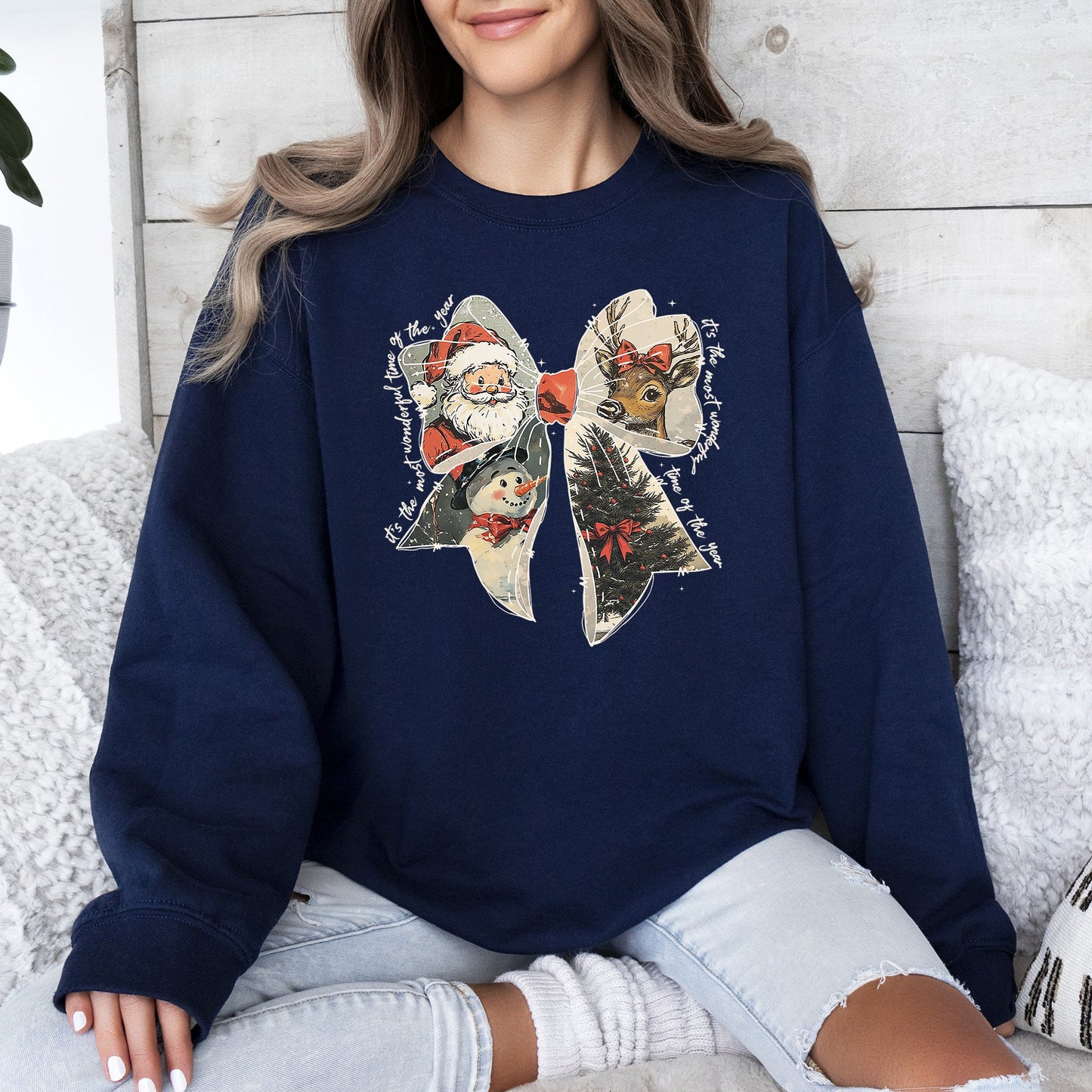 Navy blue It's The Most Wonderful Time Of The Year, Christmas, Santa, Snowman, Reindeer Sweatshirt