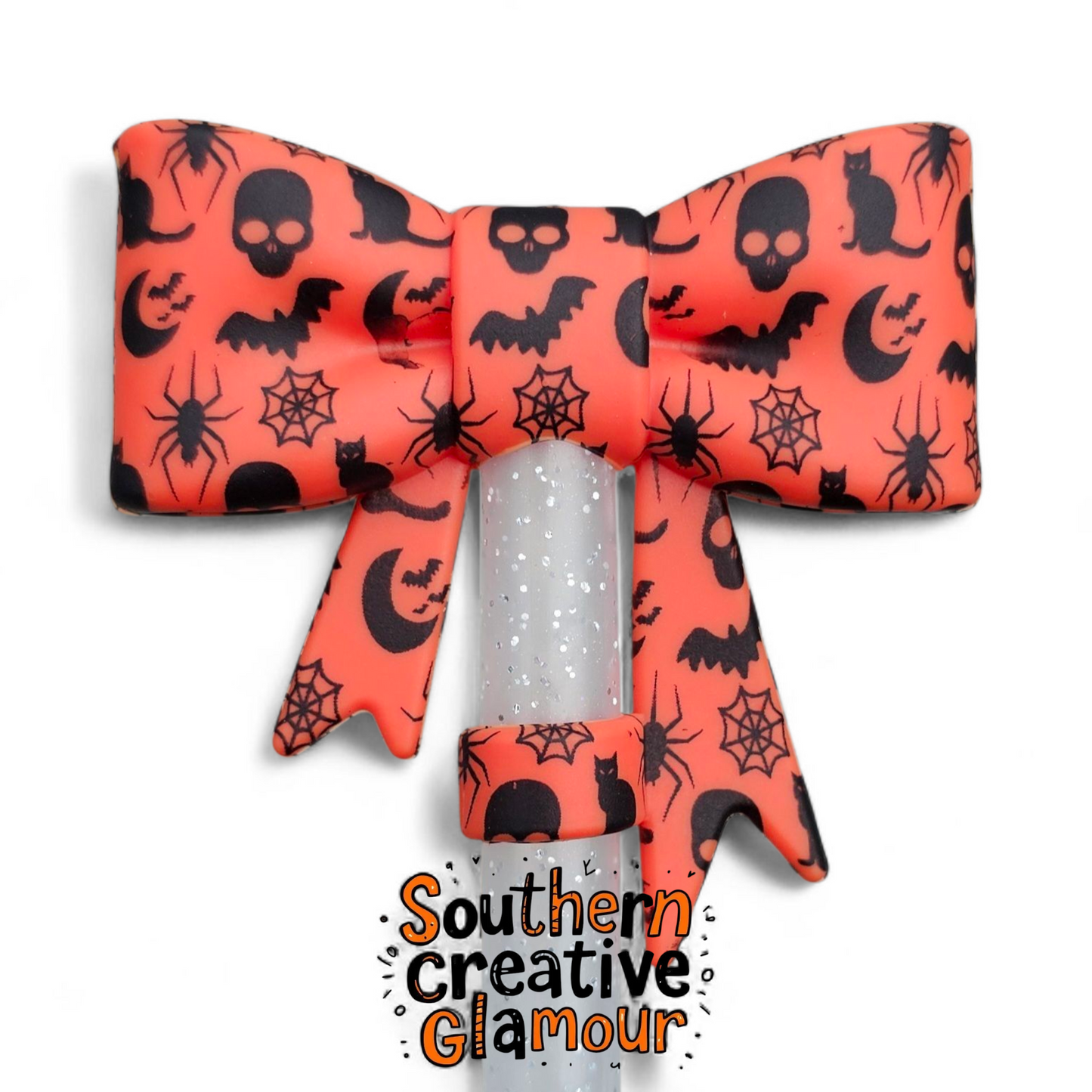 Orange Halloween Bow with Black Bats, Skulls, Cats, Spider Webs Silicone 10mm Straw Topper by Southern Creative Glamour