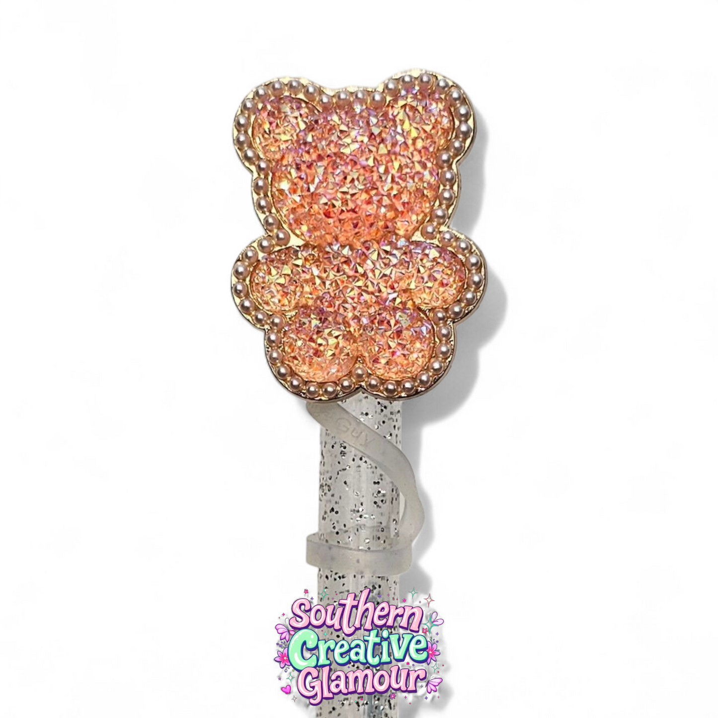 Peachy Pink Glitter Teddy Bear 10mm Straw Topper by Southern Creative Glamour