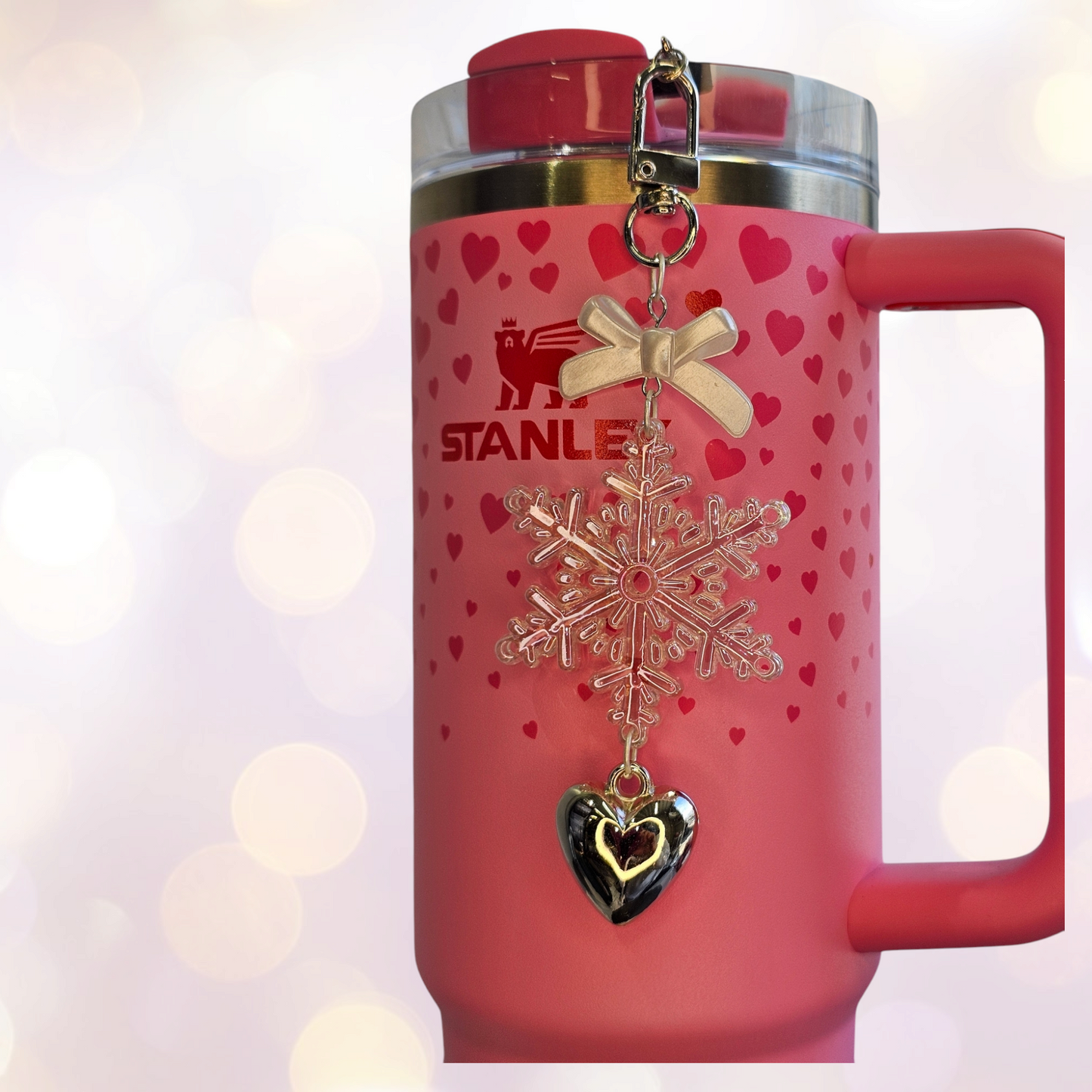 Pearlescent Pink Snowflake, Silver Heart, and White Ribbon Bow Charms for Tumbler Straw.