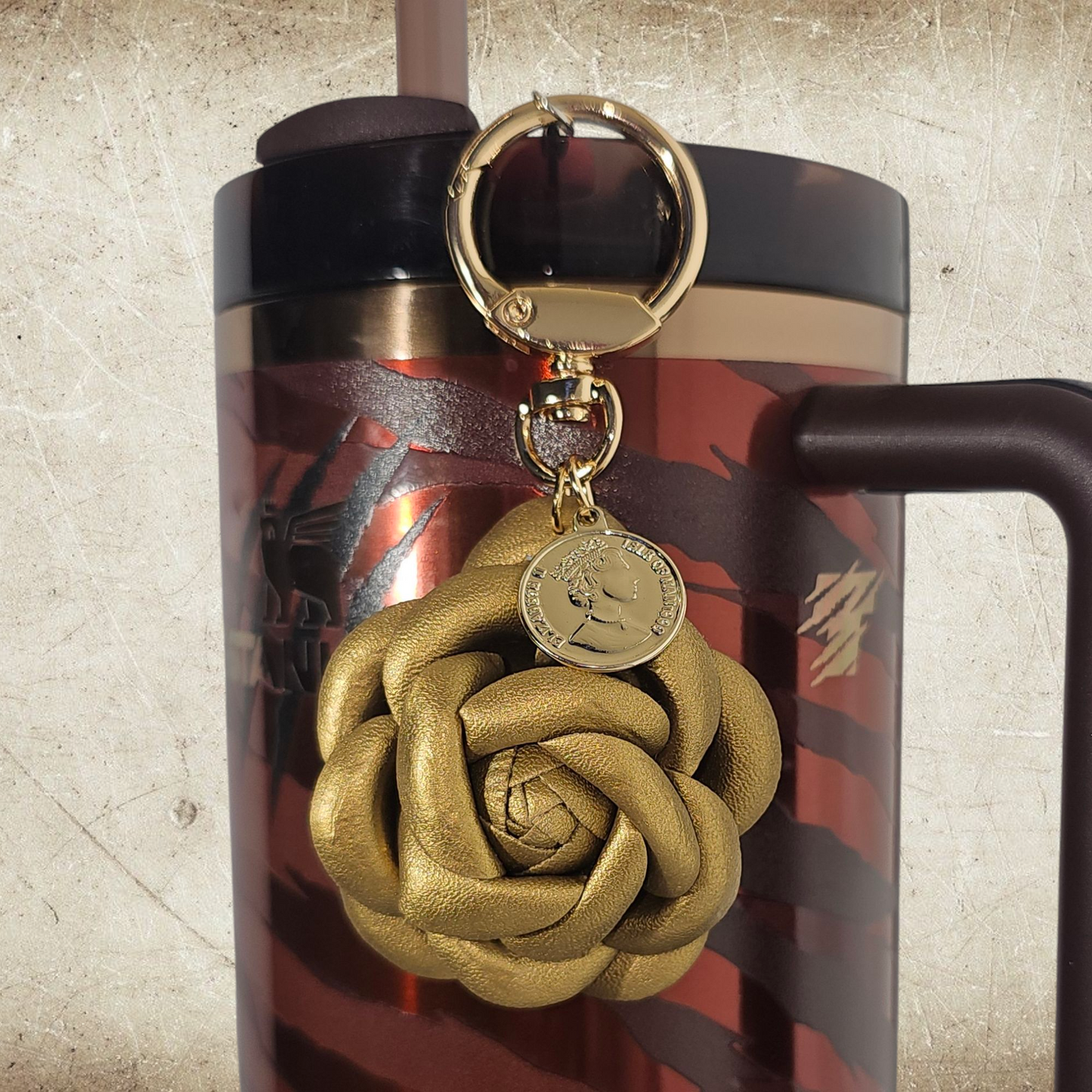 Luxury gold camelia flower tumbler charm. Use as straw charm or cup handle charm.