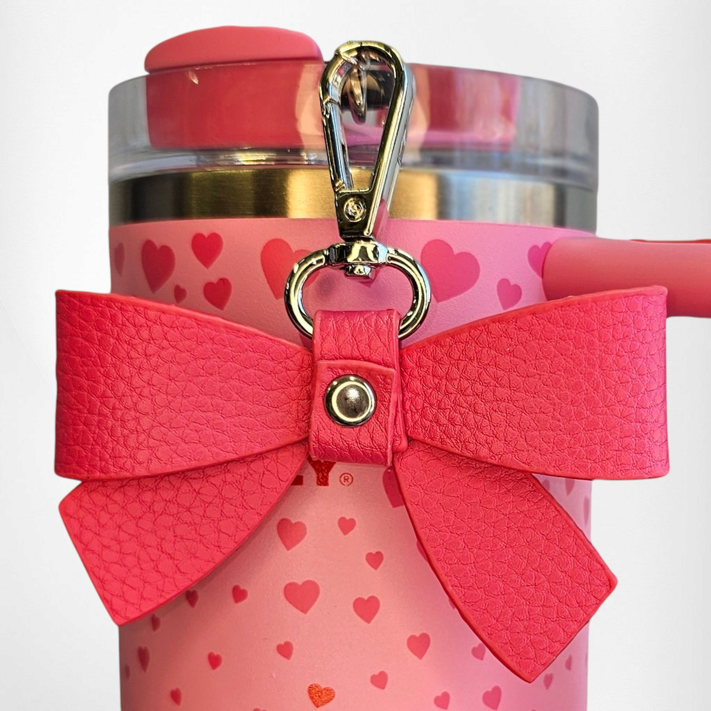 Luxury faux leather Barbie Pink ribbon Bow Tumbler Straw Charm.