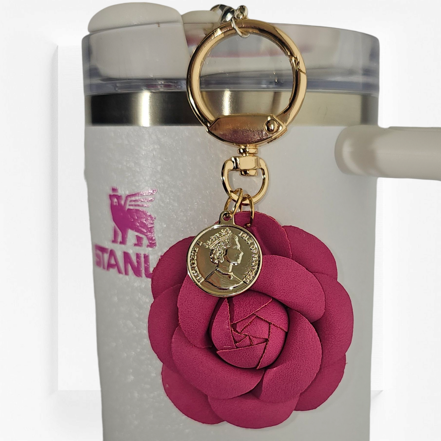 Camelia Pink Camelia flower with gold swivel keyring tumbler straw charm.