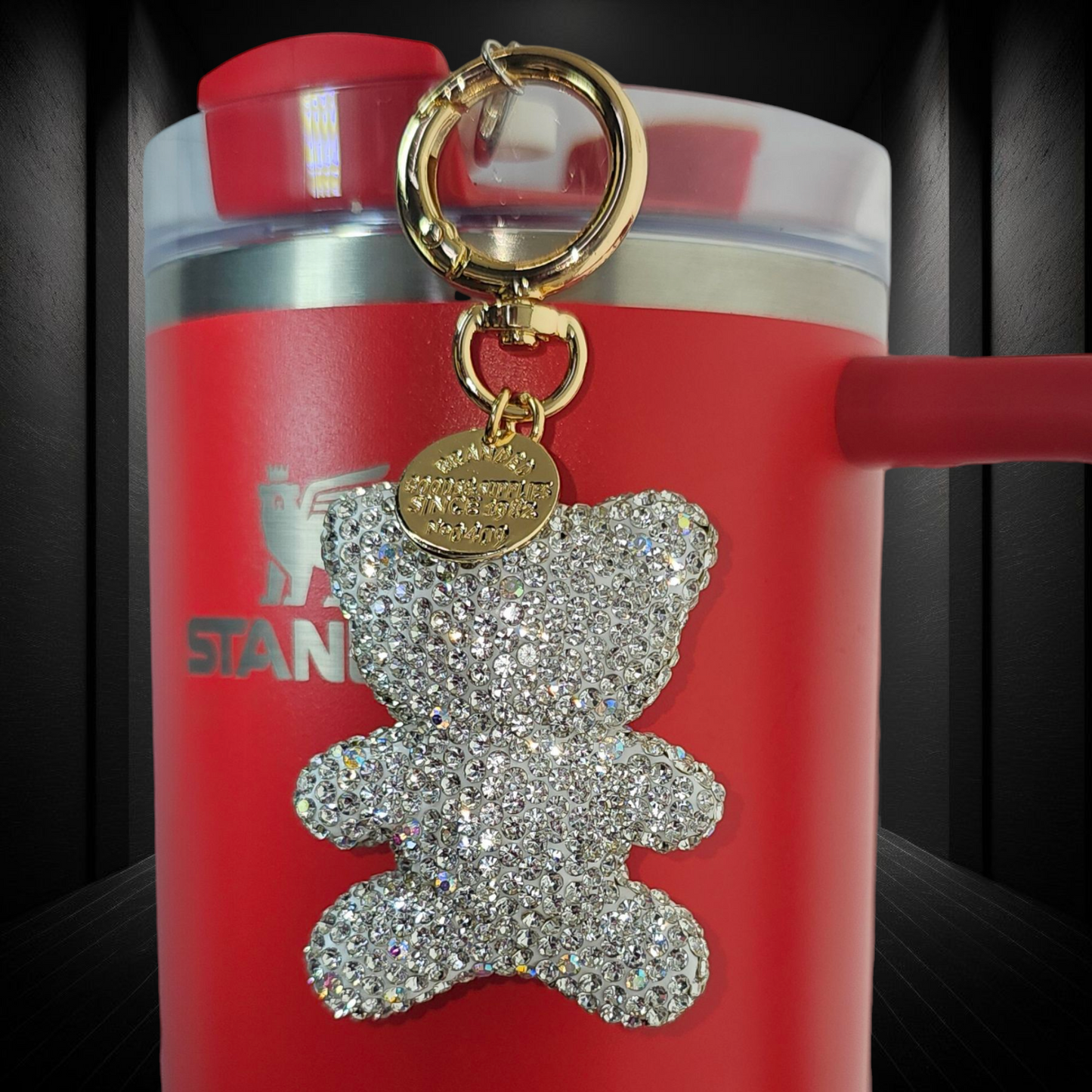 Luxury Silver Glitter Teddy Bear with gold swivel keyring tumbler straw charm.