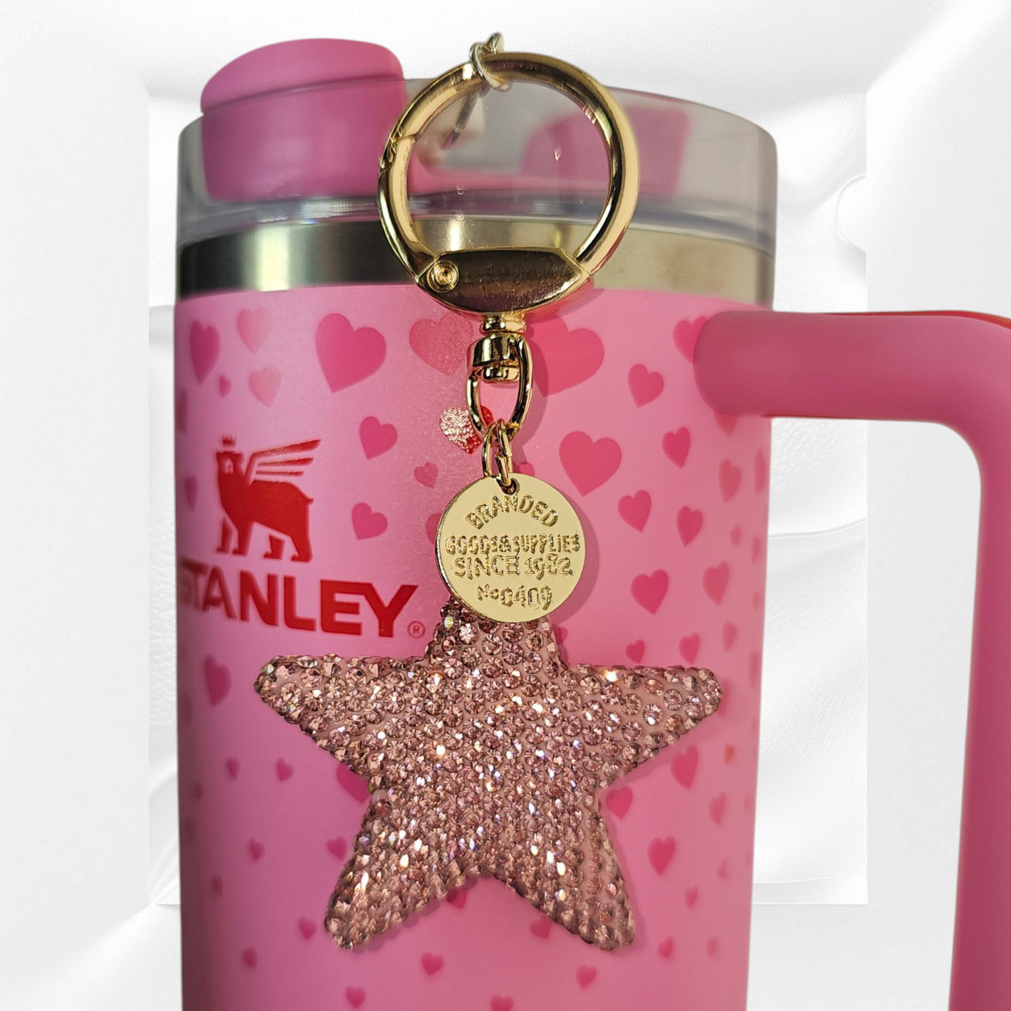 Luxury Pink Glitter Star Tumbler Charm with gold swivel keyring clasp tumbler charm.