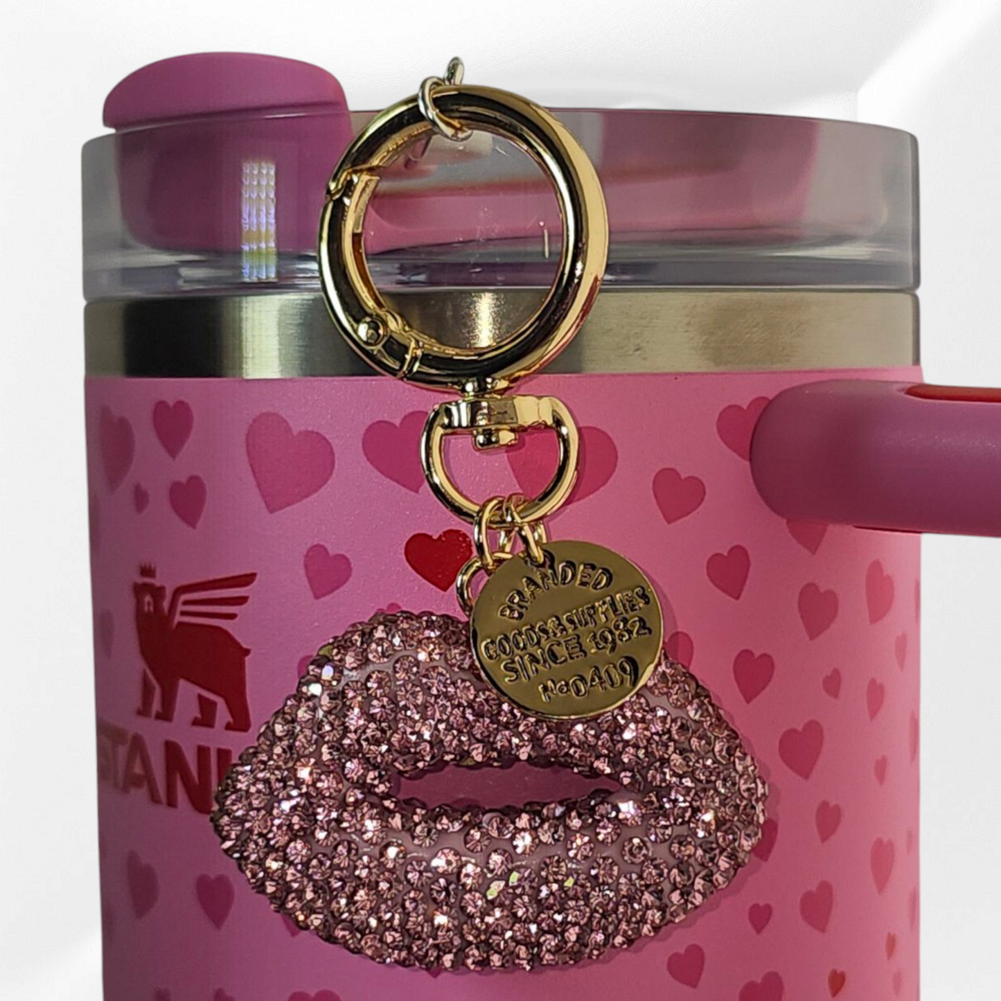 Luxury Pink glitter lips charm with gold swivel keyring clasp tumbler charm.