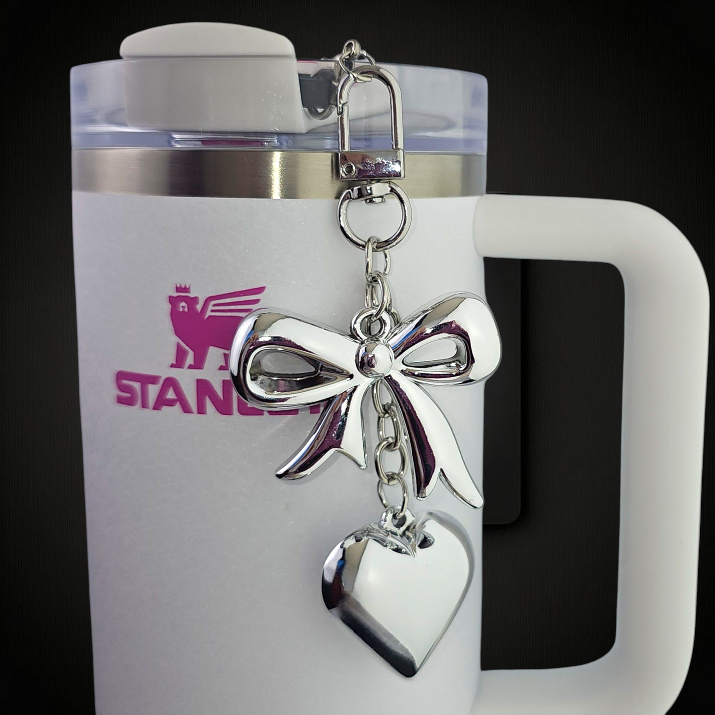 Ribbon Bow and Heary Tumbler Charms - Silver. Can also be used as a purse, bag, keychain, backpack, or cellphone charm.