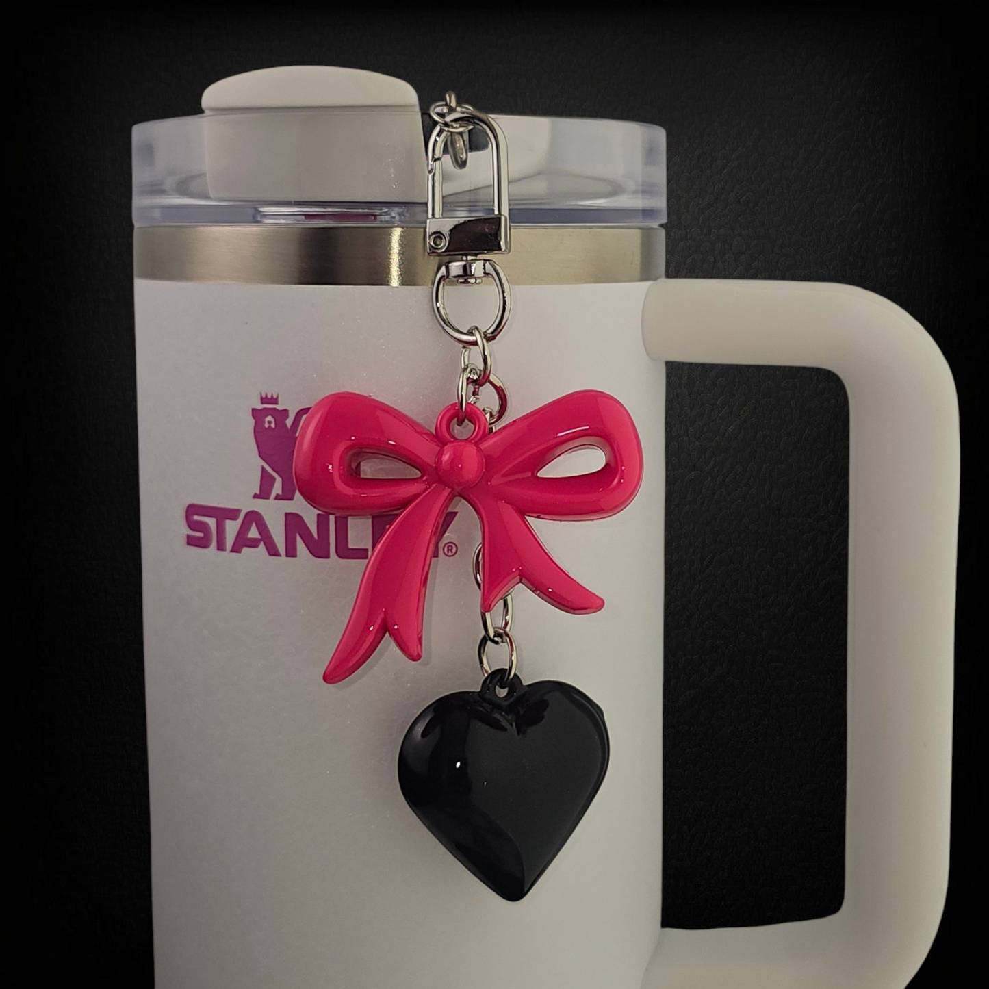 Ribbon Bow and Heary Tumbler Charms - Pink andBlack. Can also be used as a purse, bag, keychain, backpack, or cellphone charm.