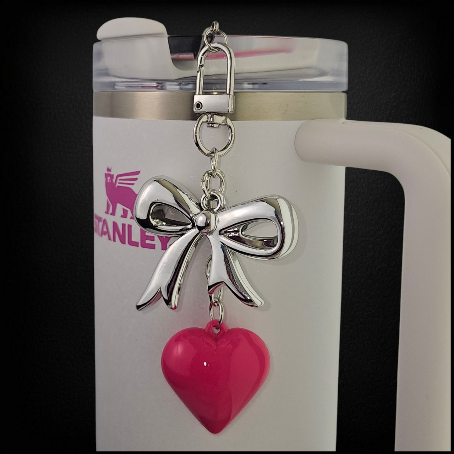 Ribbon Bow and Heary Tumbler Charms - Silver andPink. Can also be used as a purse, bag, keychain, backpack, or cellphone charm.