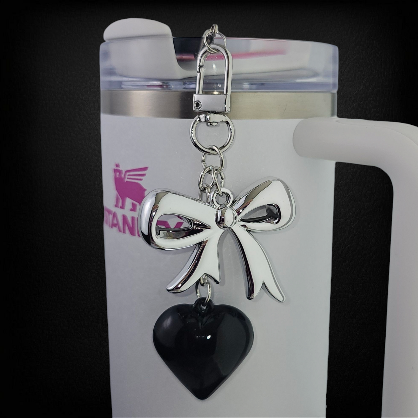 Ribbon Bow and Heary Tumbler Charms - Silver & Black. Can also be used as a purse, bag, keychain, backpack, or cellphone charm.