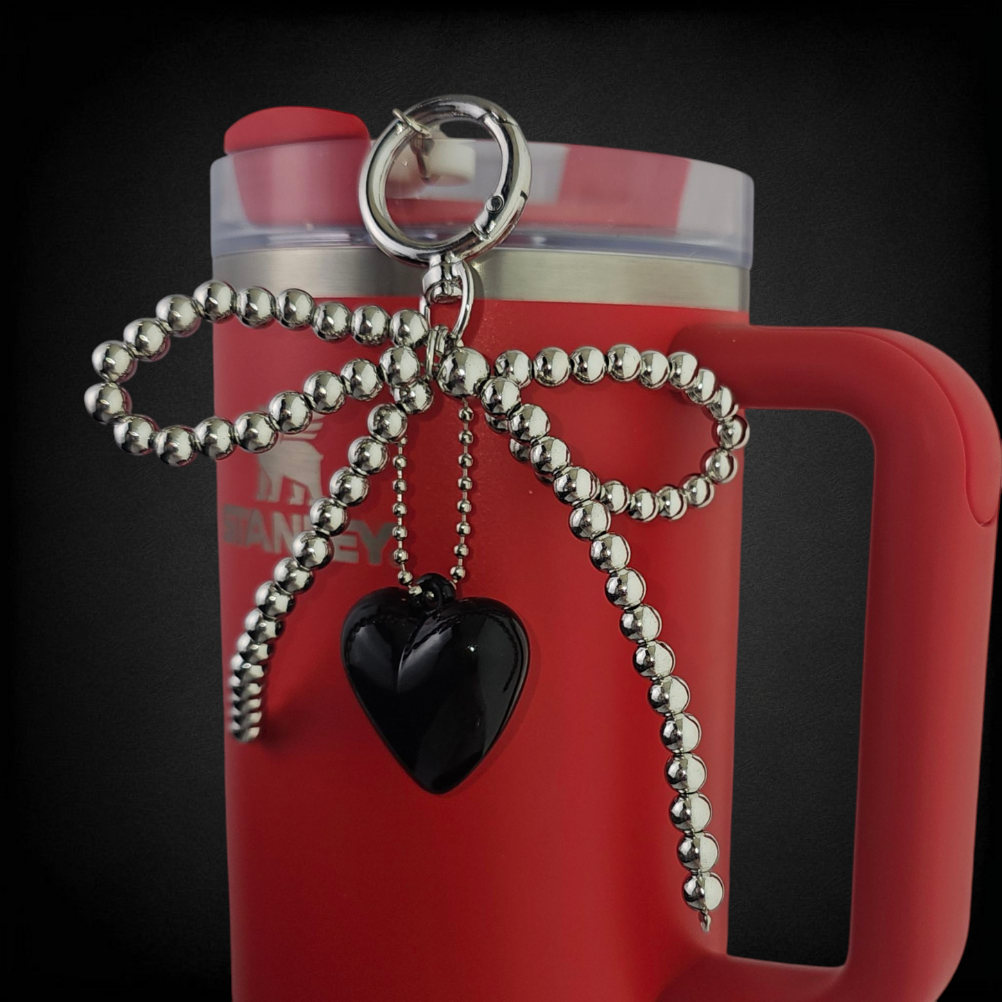 Beaded Ribbon Bow and black Heart Tumbler Charms