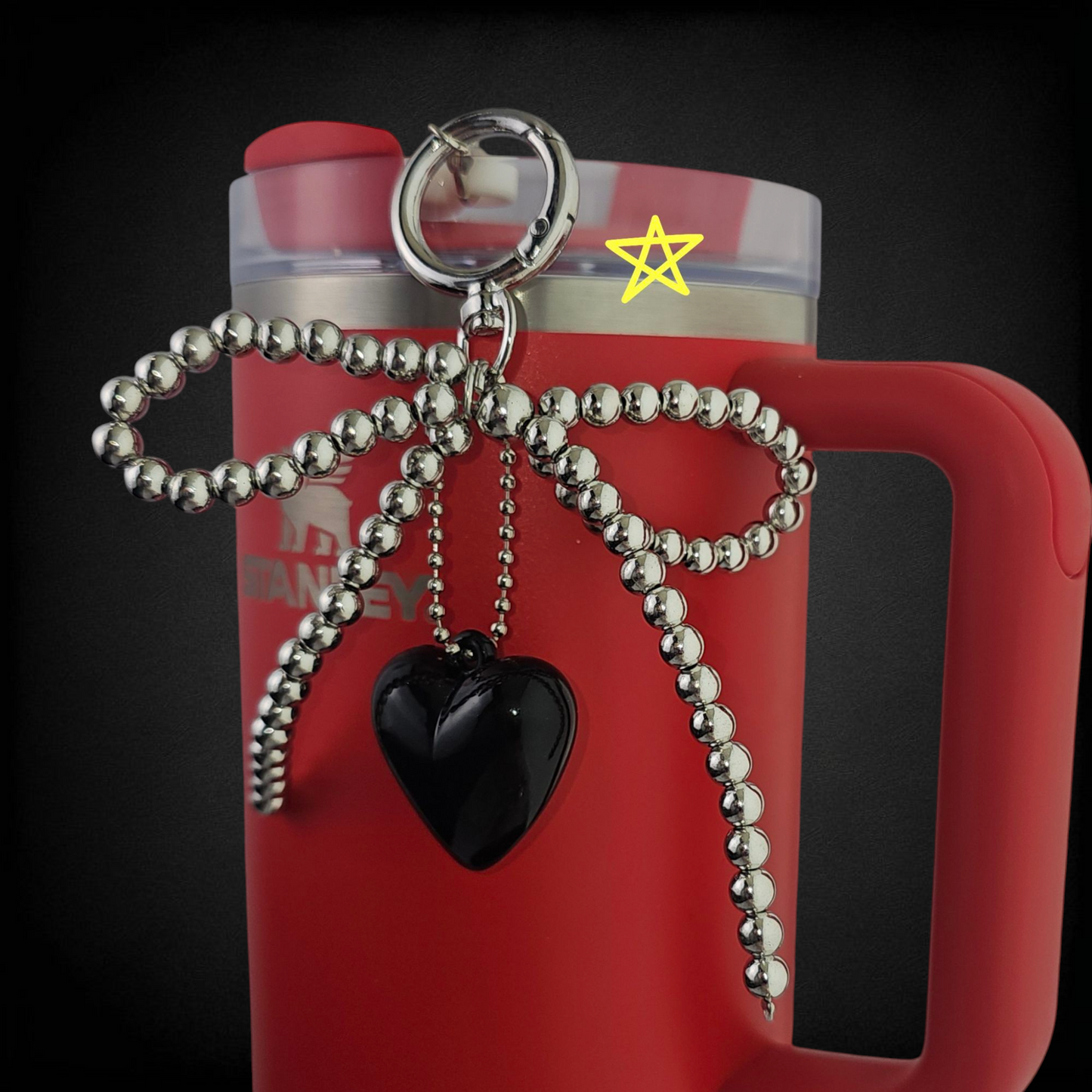 Beaded Ribbon Bow and black Heart Tumbler Charms. Slight imperfections in the finish of the black heart.