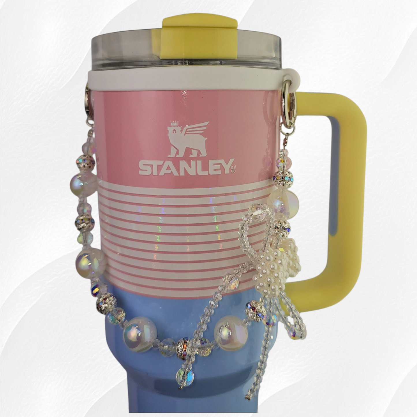 Iridescent Pearlescent Crystal Beaded Tumbler Charm Necklace. The Jumbo White Beads and Diamond Studded Beads are elegant. Can be used as a straw charm, tumbler necklace, or cellphone charm bracelet.