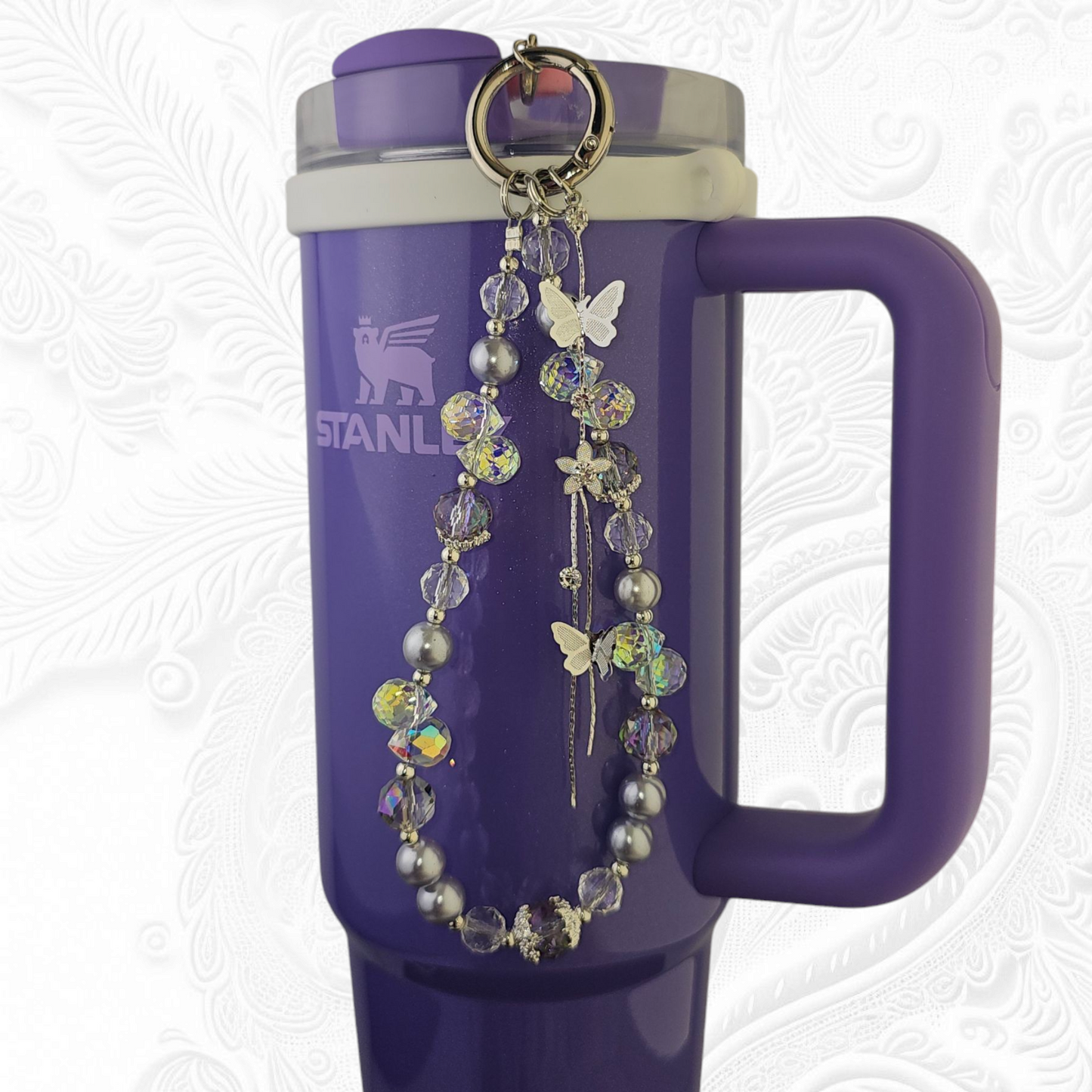 Purple Deluxe faux pearl and crystal beaded butterfly charm bracelet. Use as a tumbler, purse, bag, keychain, backpack, or cellphone charm.