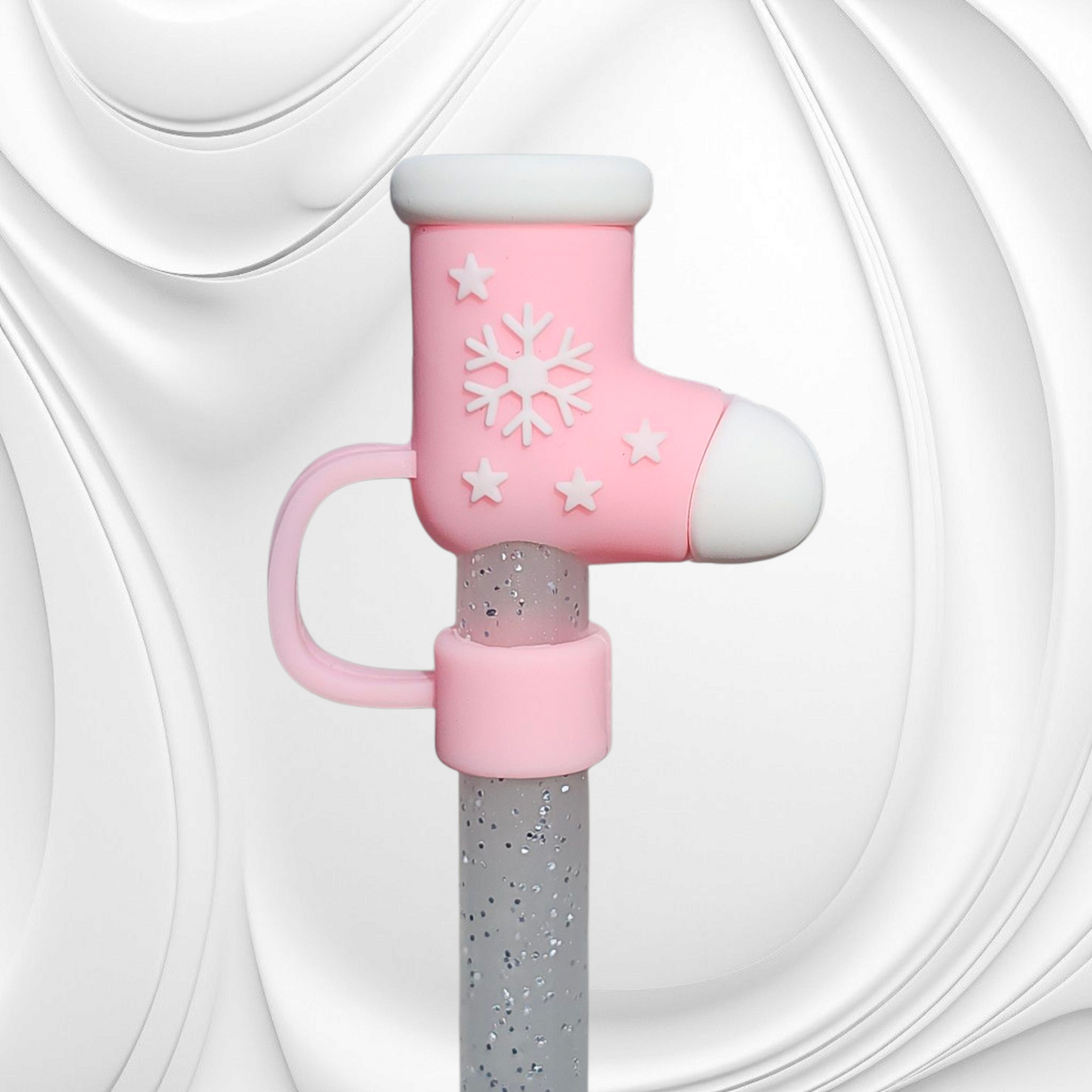 Pink and White Christmas Stocking 3D Silicone Straw Topper