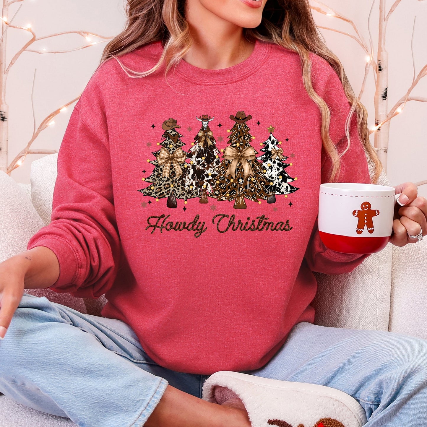 Red Heather Howdy Christmas, Western, Country, Santa, Christmas Trees Sweatshirt