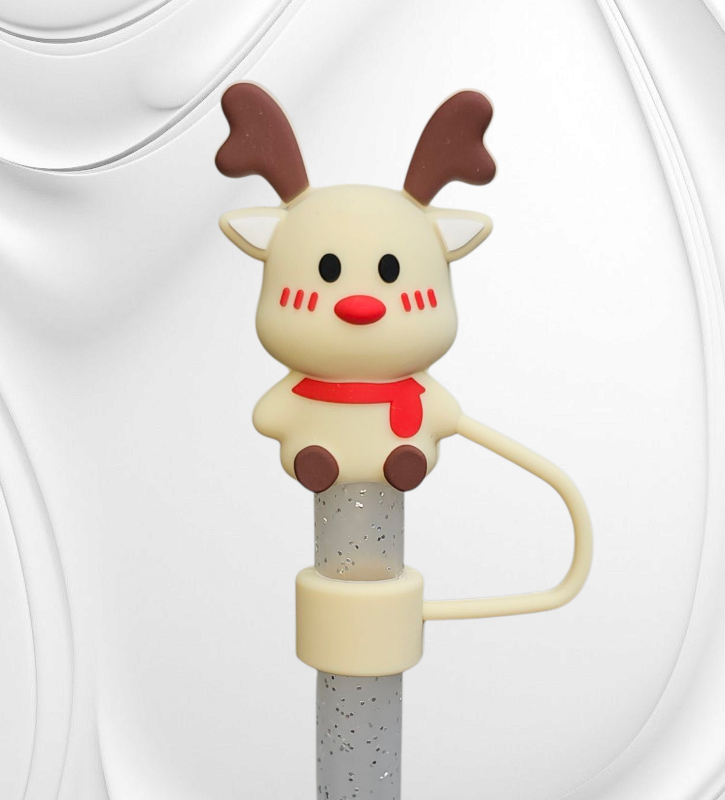 Holiday Christmas Rudolph the Red Nose Reindeer 3D Silicone Straw Topper