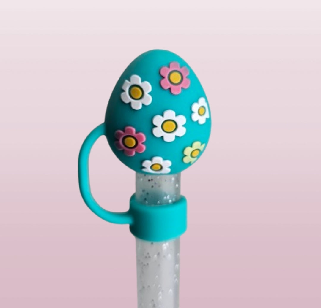Gumdrop Green Easter Egg with pink, white, and yellow daisy flowers 3D Silicone Straw Topper  - Straw Cover. Fits 10mm and Stanley Straws.