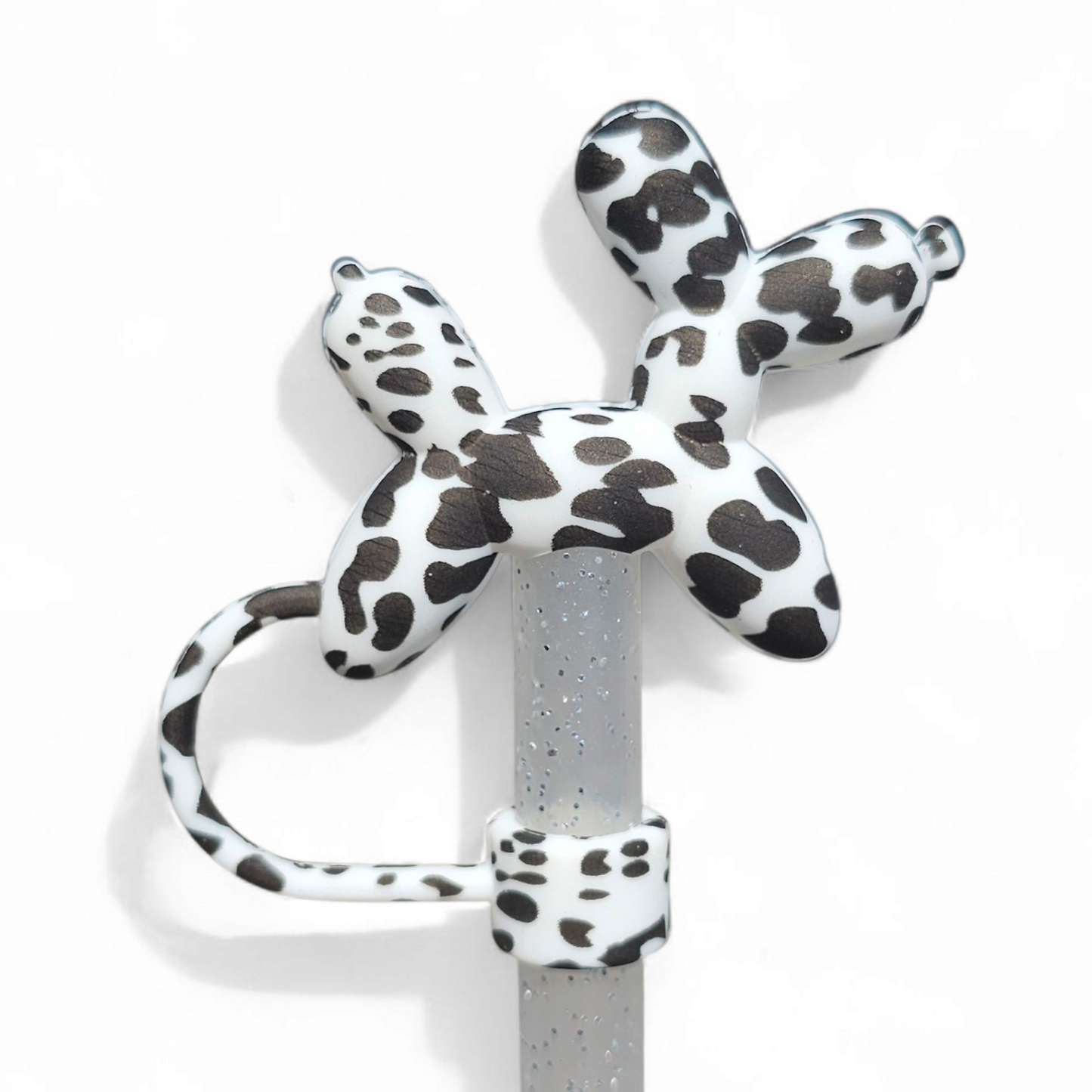 White and Black Cow Print Balloon Dog 3D Silicone Straw Topper