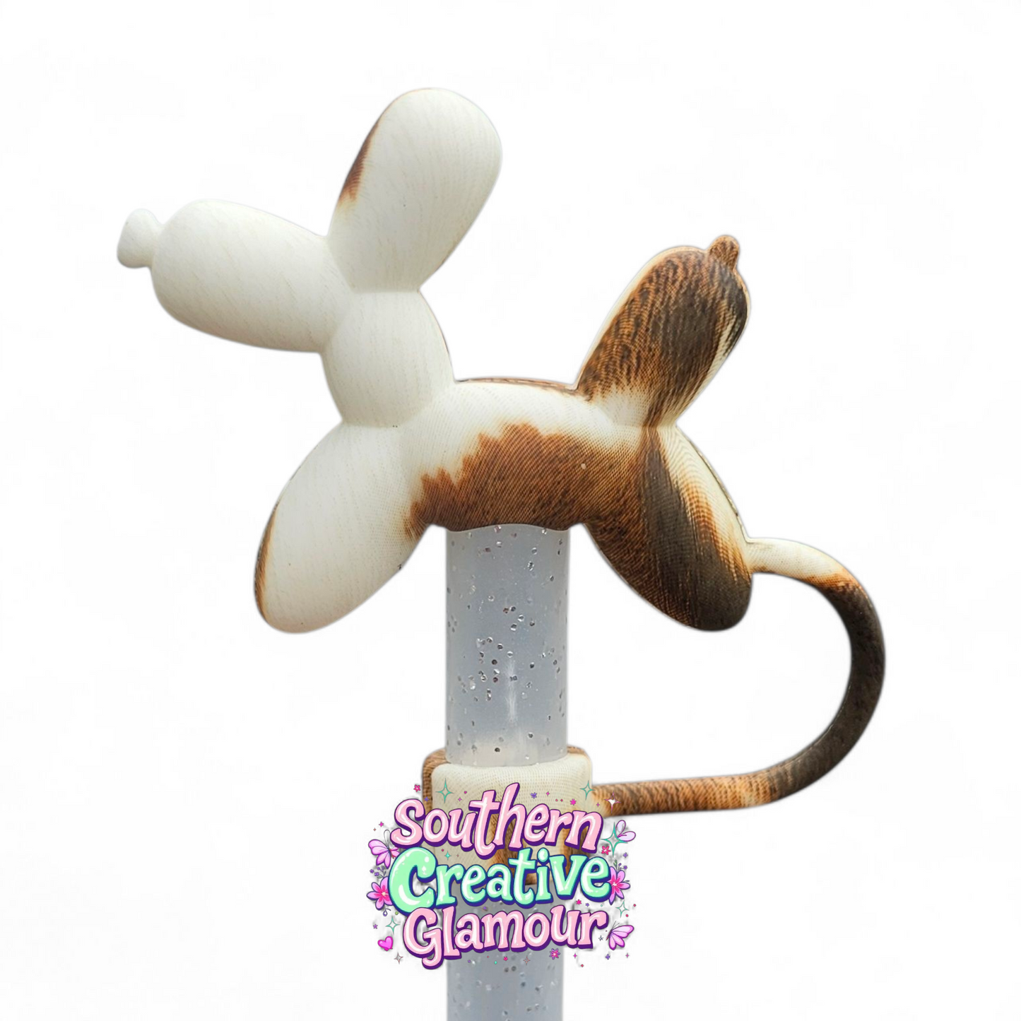 Brown and white cow print 3D Balloon Dog Silicone 10mm Straw Toppers by Southern Creative Glamour