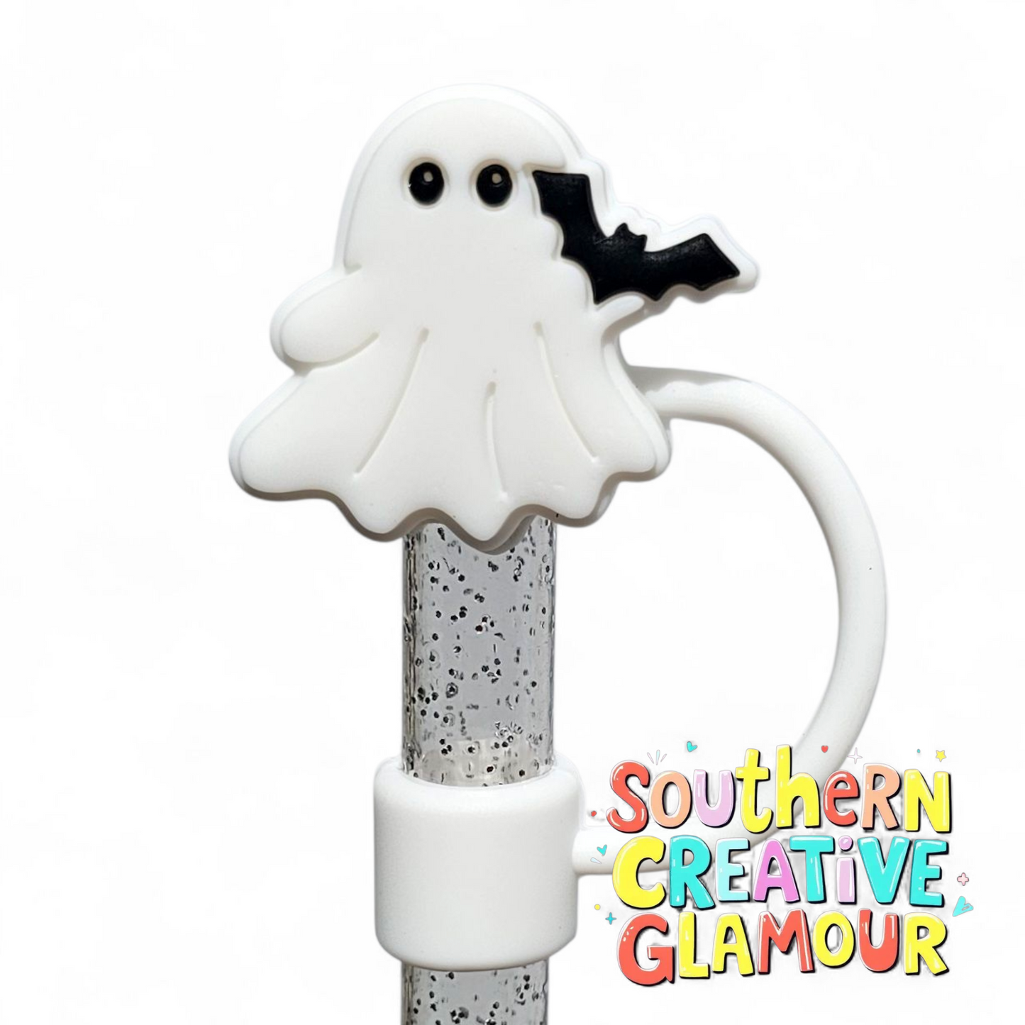 White Ghost with black bat 10mm Silicone Straw Topper by Southern Creative Glamour